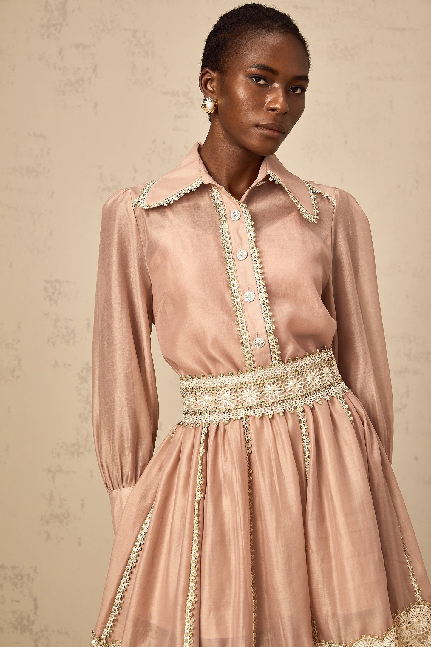 Zazie salmon-pink lace-trim shirt & skirt matching set
