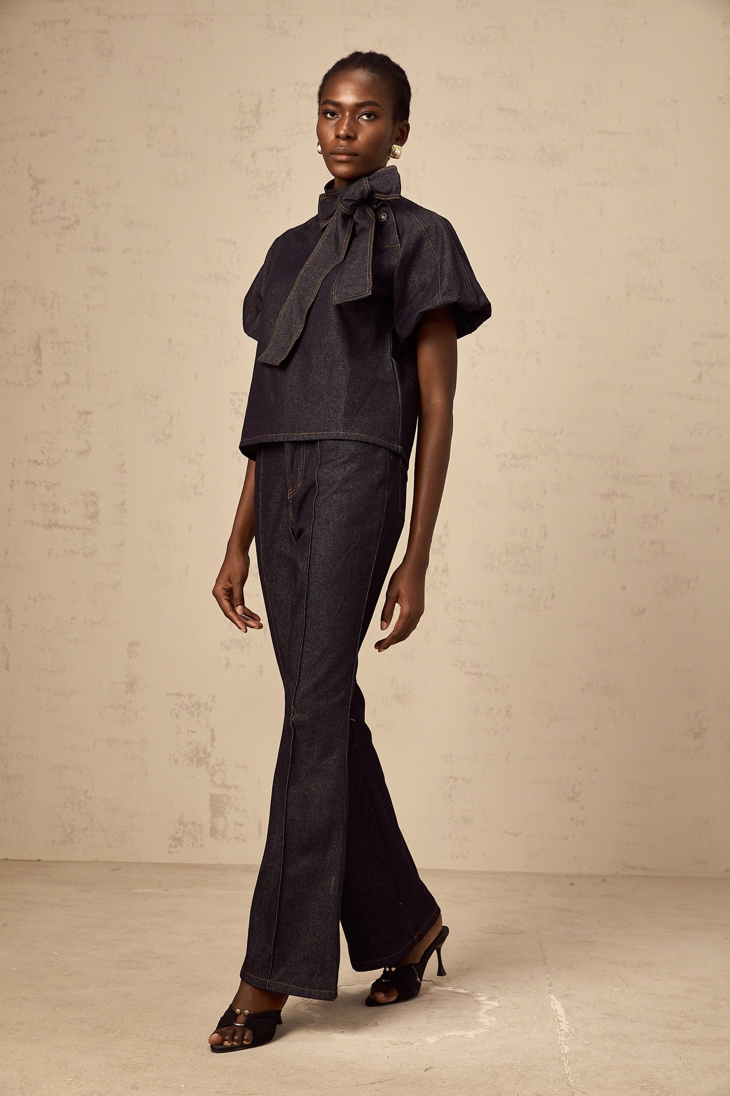 Roxane indigo-blue contrast-stitching denim blouse & jeans matching set