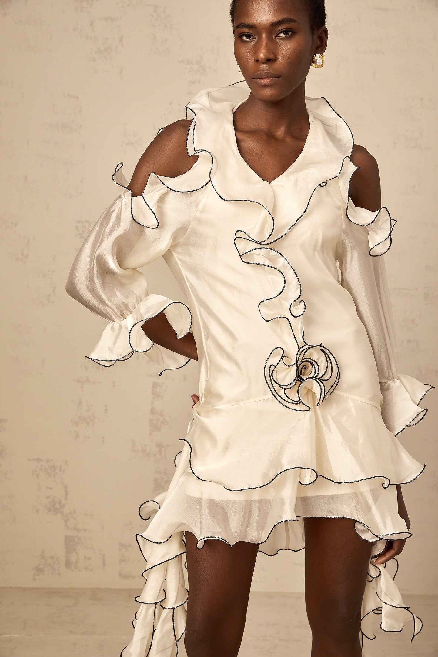 Tiphaine white ribbon-detail flounce mini dress