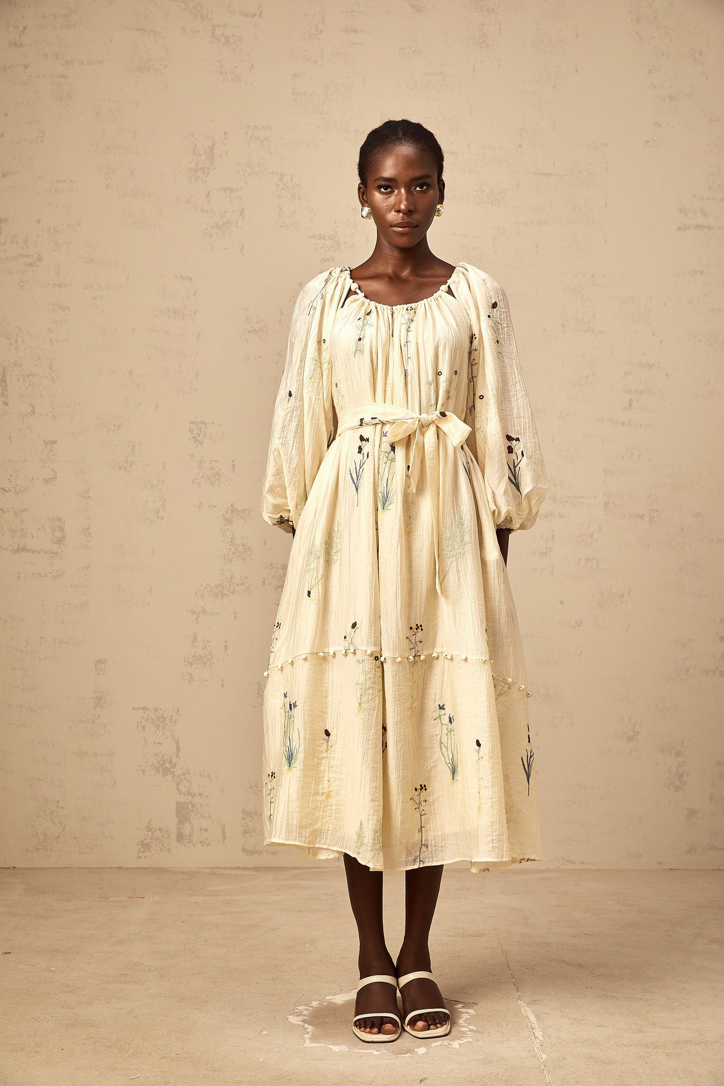 Uranie beige flower-embroidered beaded midi dress