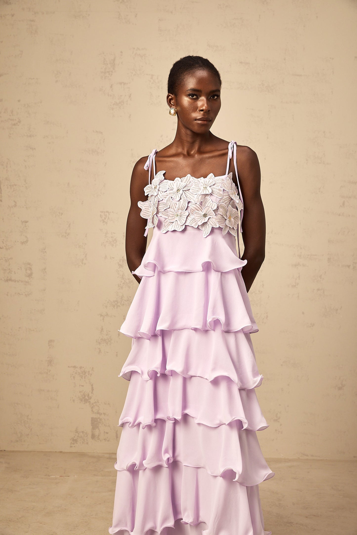 Wilhelmine purple sequined 3d-petal tiered maxi dress