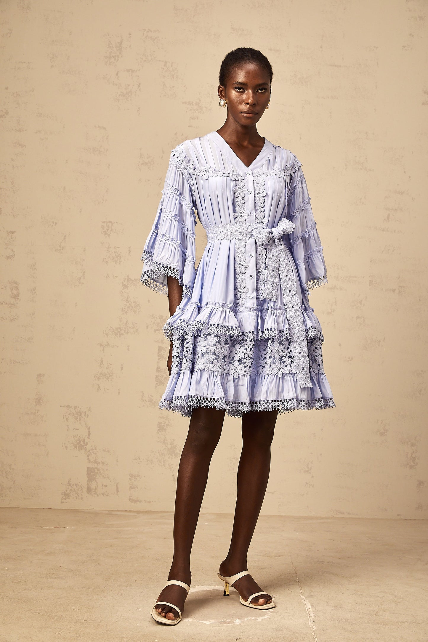 Gaëlle light-blue floral-embroidered tiered mini dress