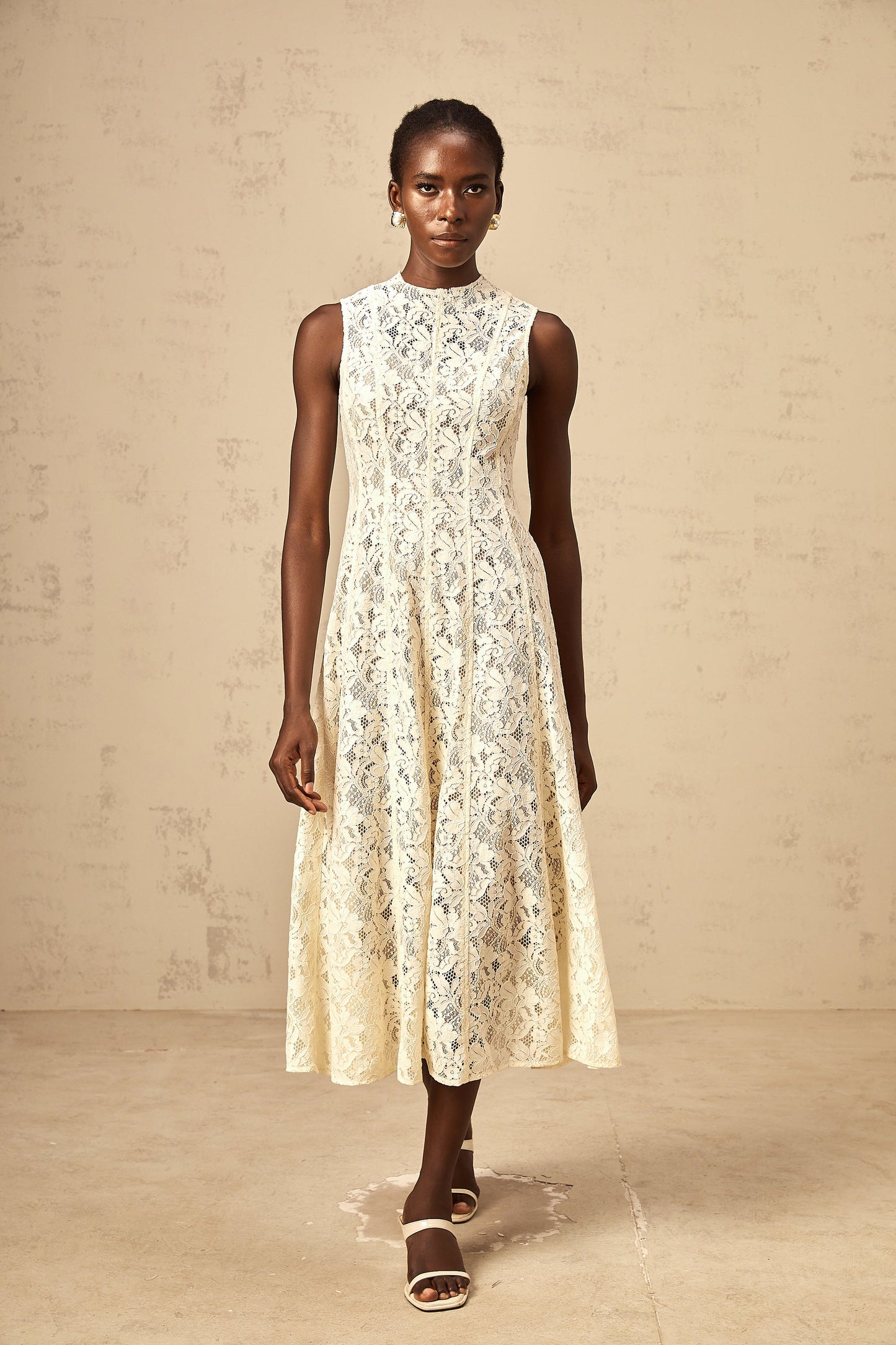 Edelie beige floral-lace flared midi dress