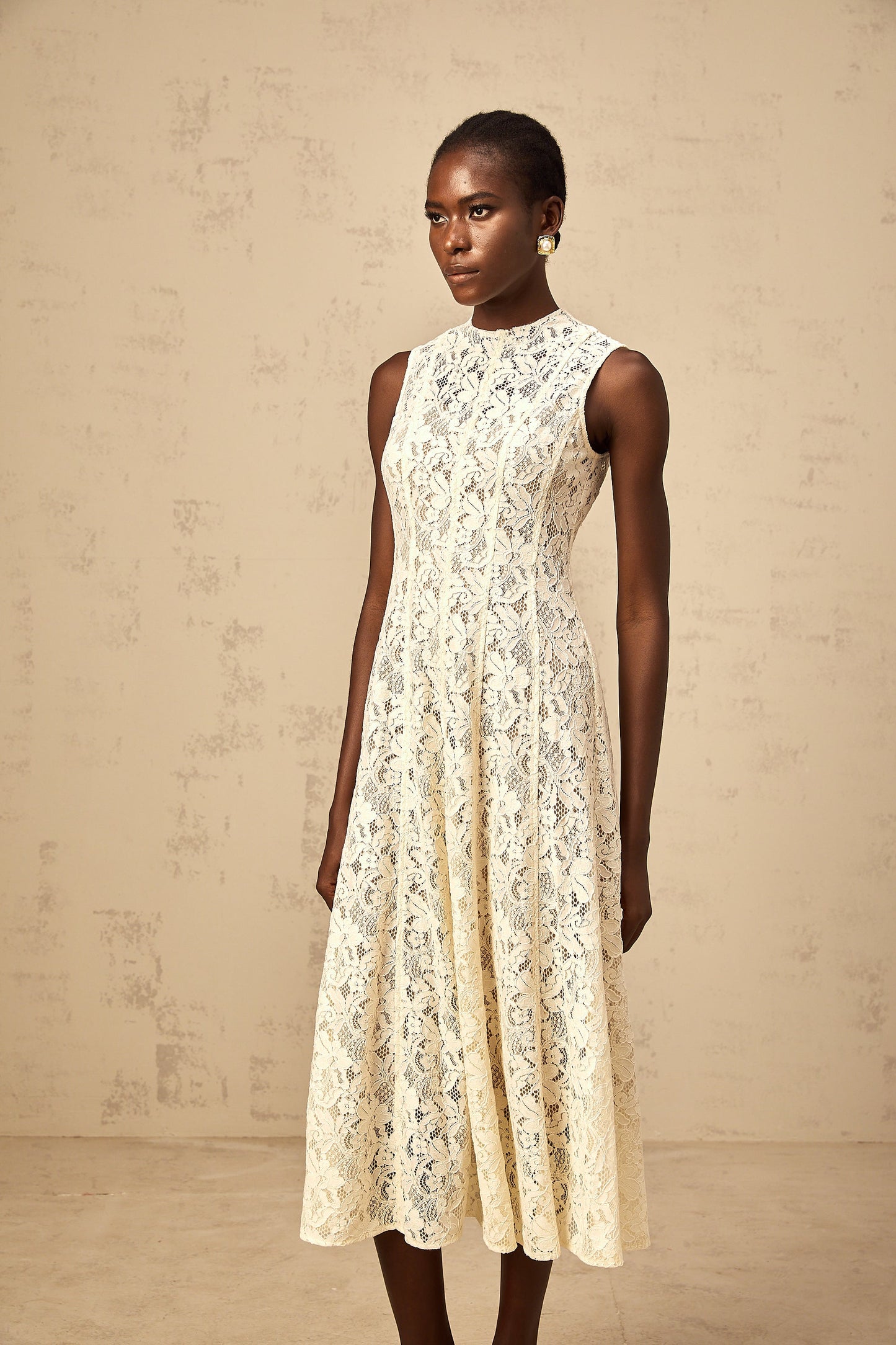 Edelie beige floral-lace flared midi dress
