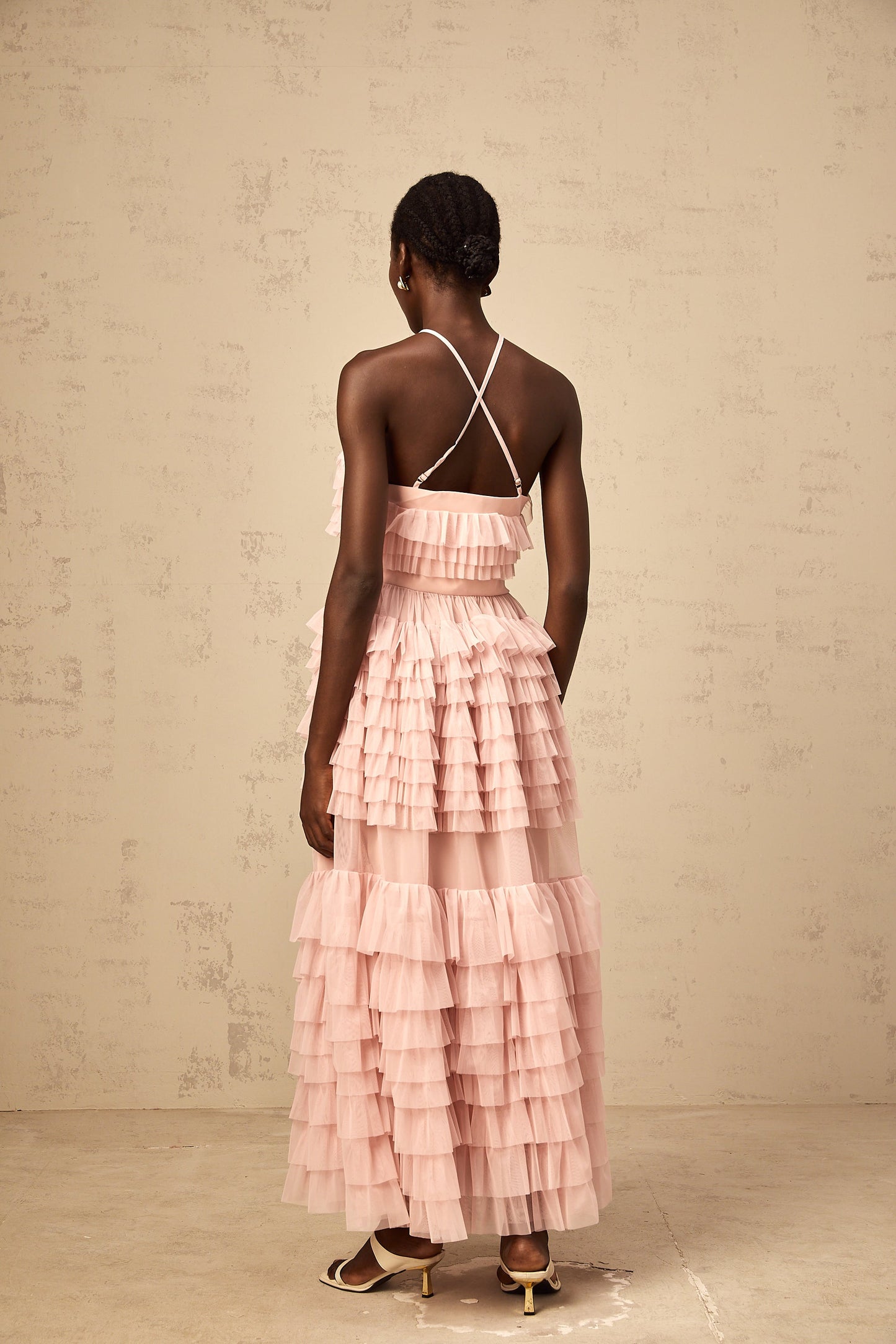 Isabelle pink petal-brooch ruffled tiered tulle maxi dress