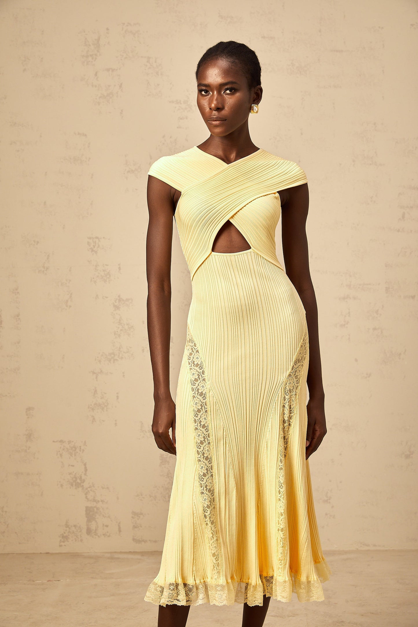Airelle yellow lace-panelled rib-knit midi dress