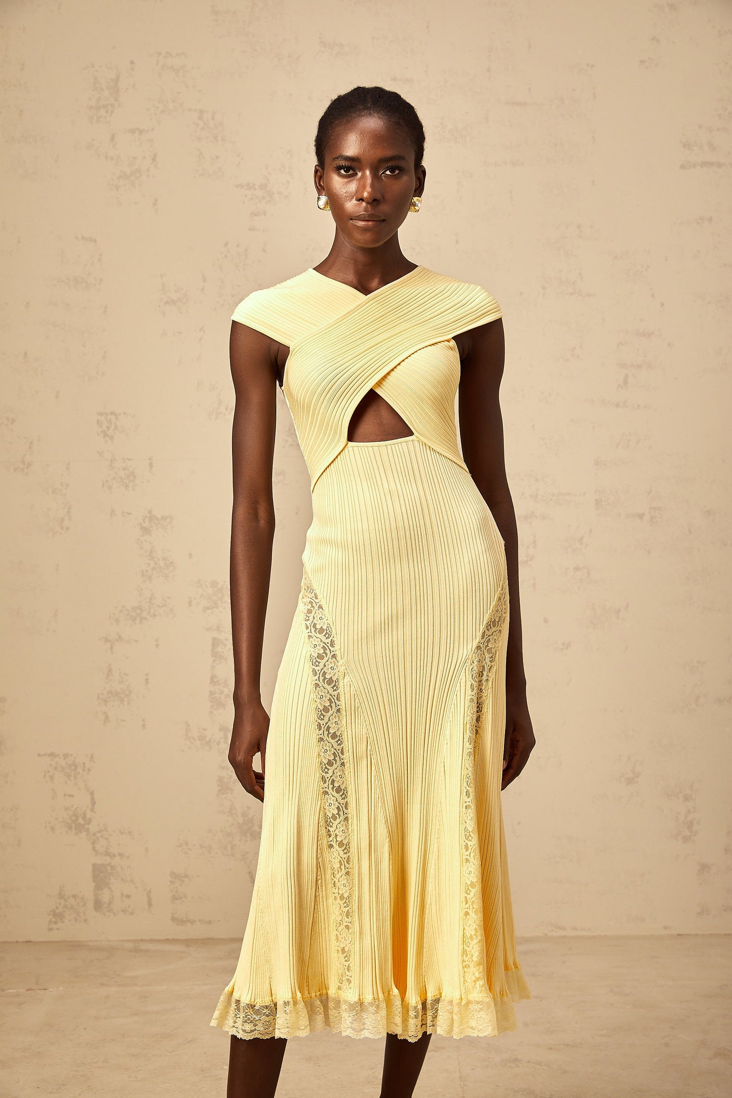 Airelle yellow lace-panelled rib-knit midi dress