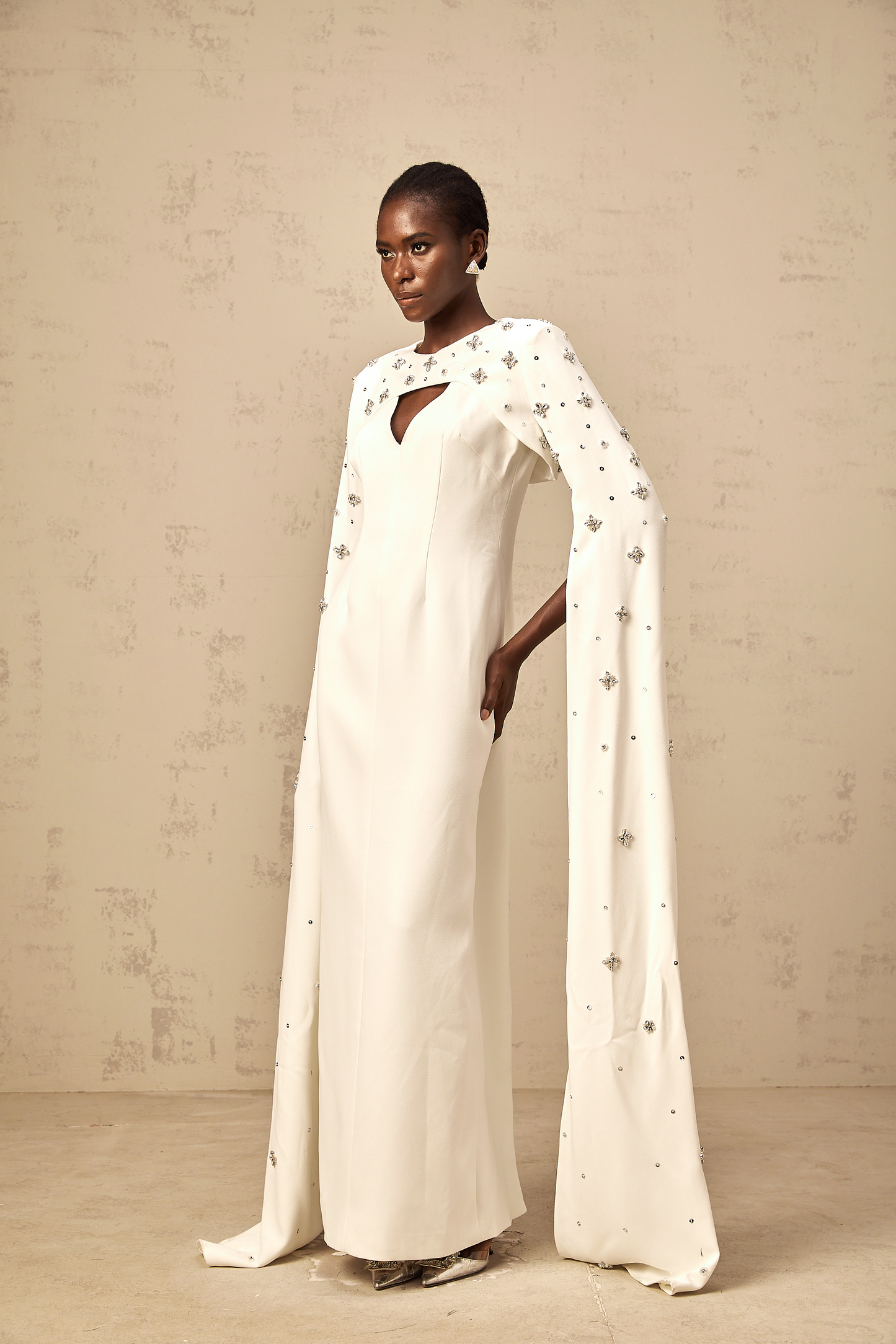 Fanny white extra-long-sleeve embellished gown