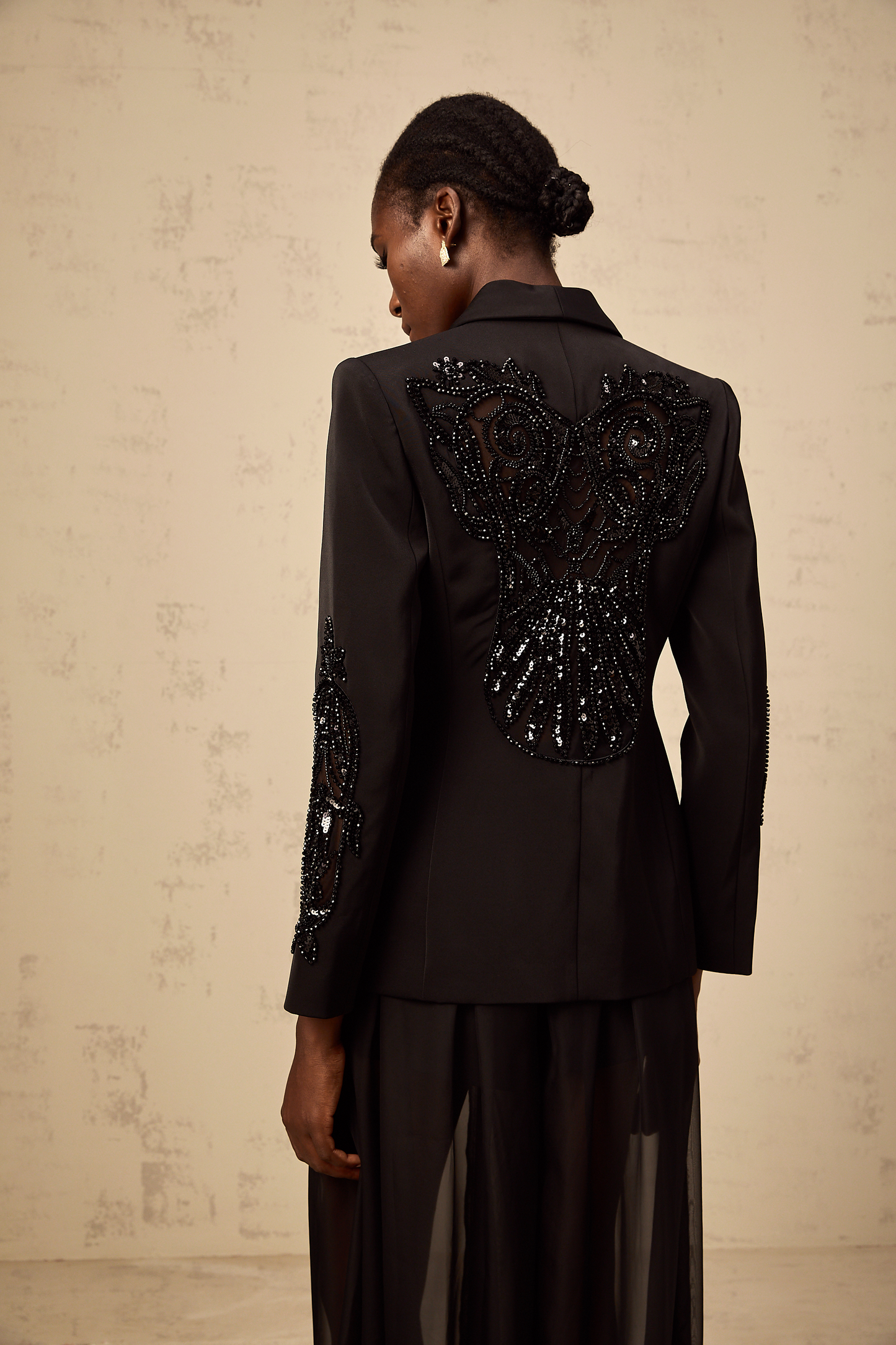 Sabine black embellished tulle-panel blazer & trousers matching set