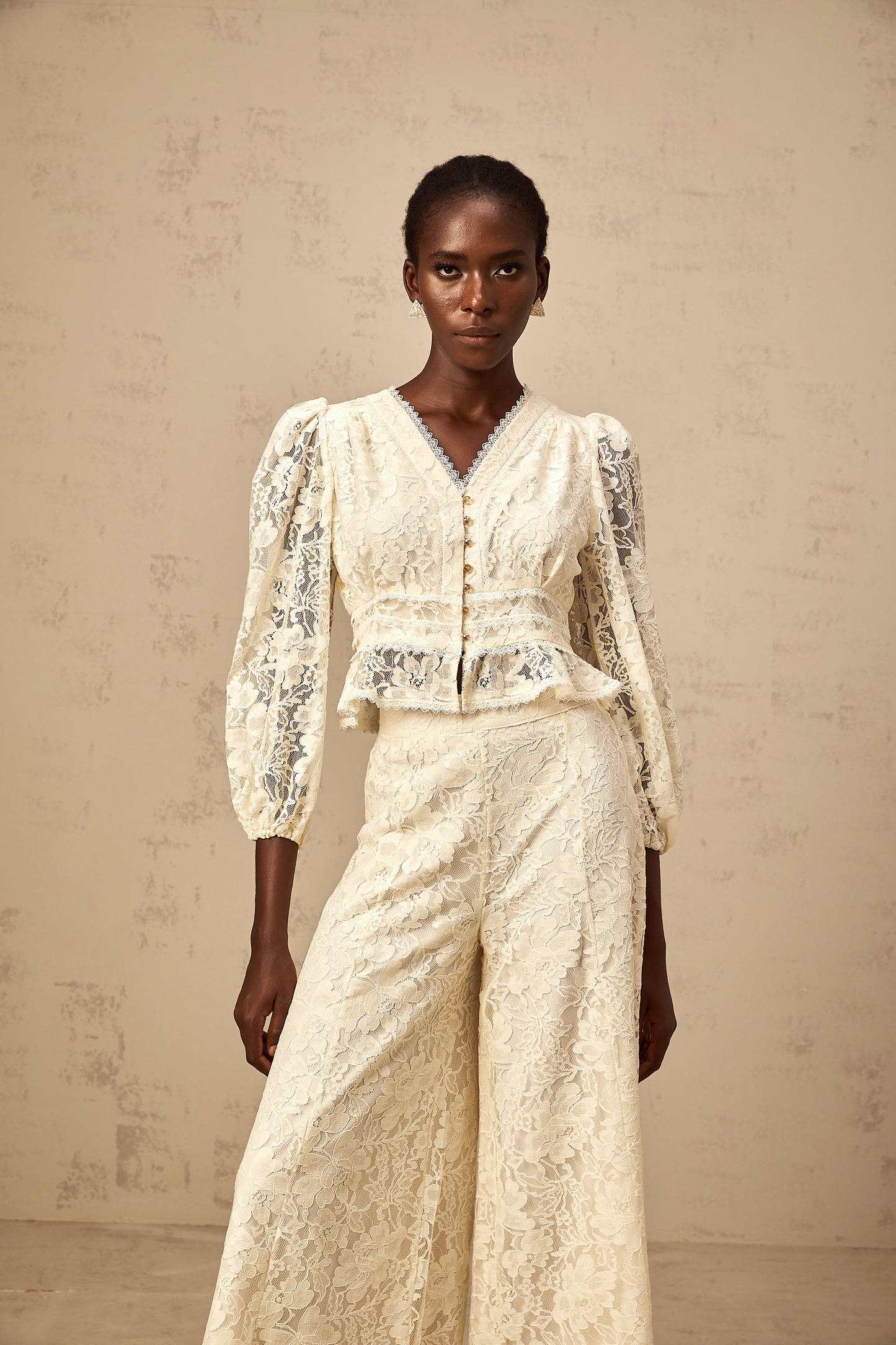 Jacinthe neutrals floral-lace blouse & trousers matching set