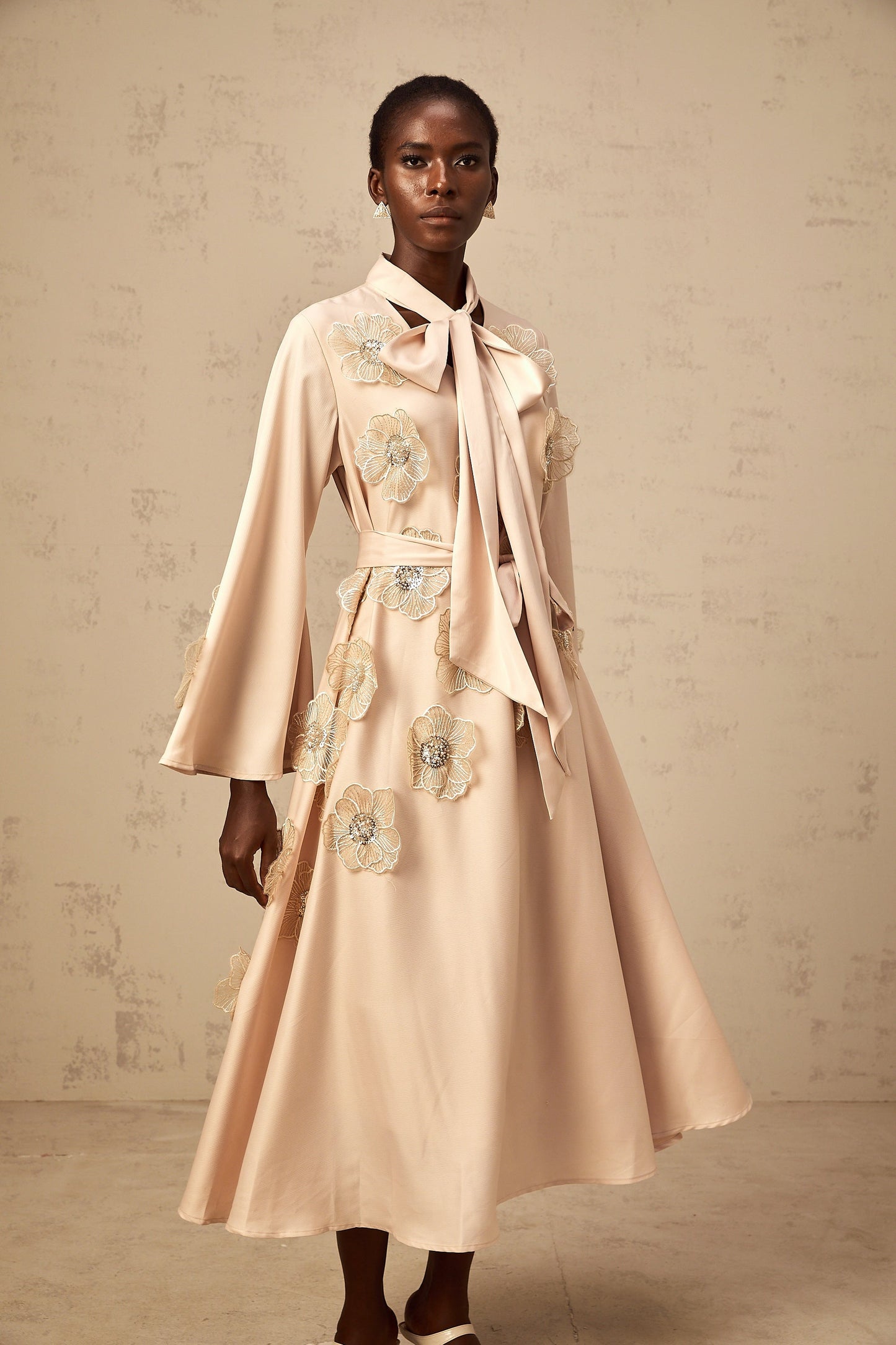 Orane tied floral-applique flared midi dress in Neutrals