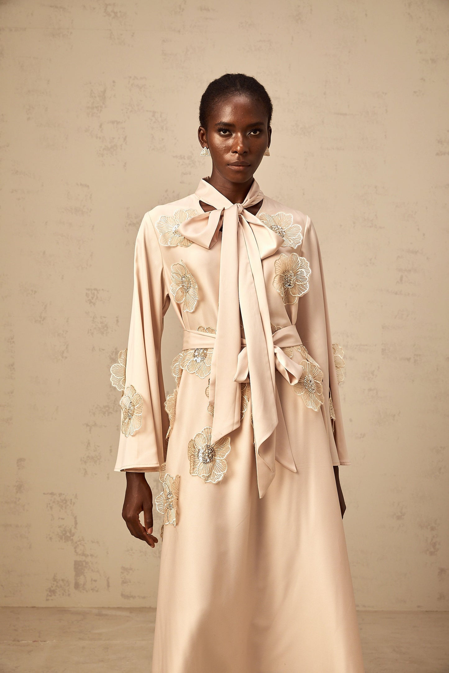 Orane tied floral-applique flared midi dress in Neutrals