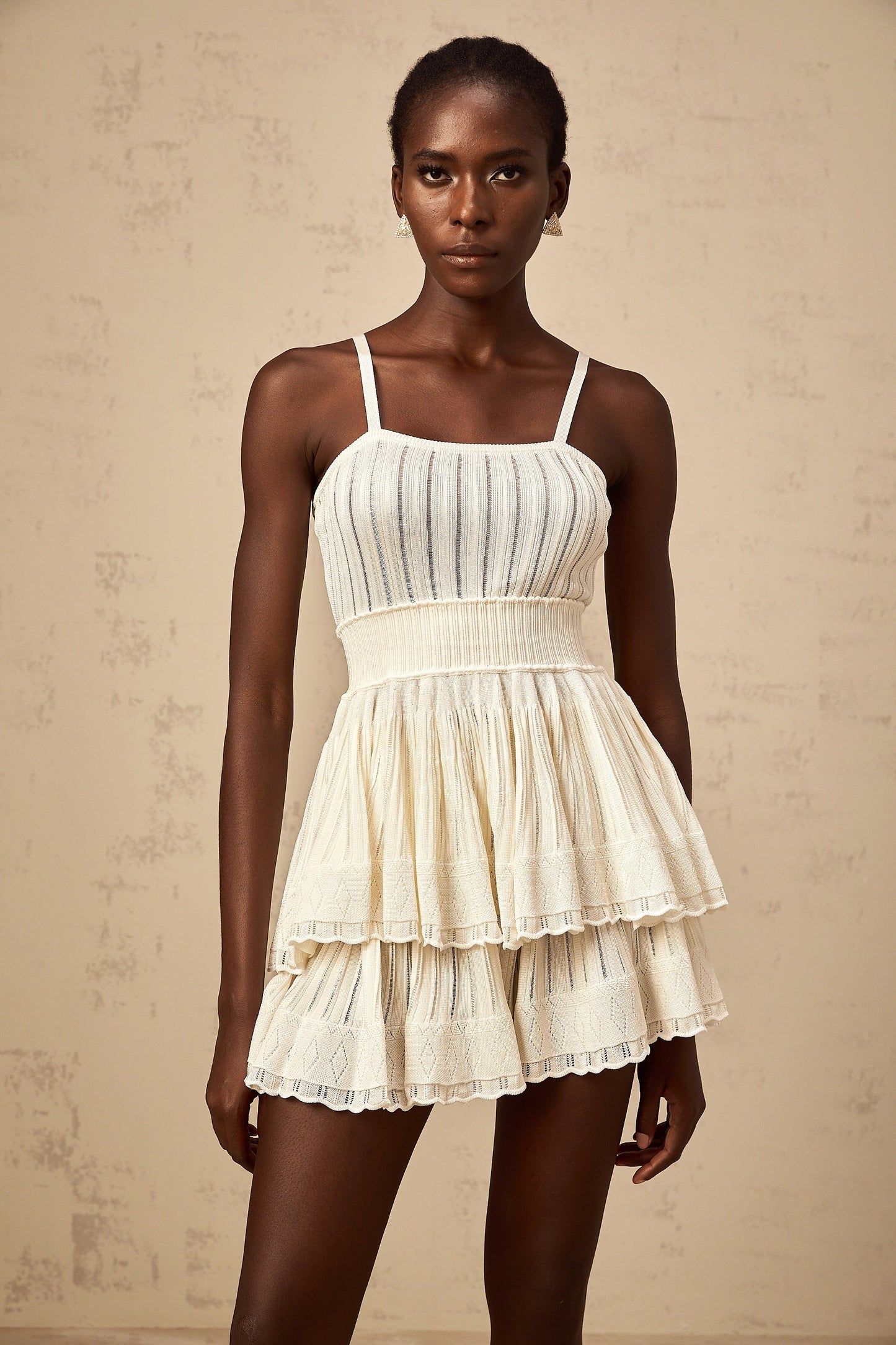 Oriane cream-white shirred crochet-knit top & culottes matching set