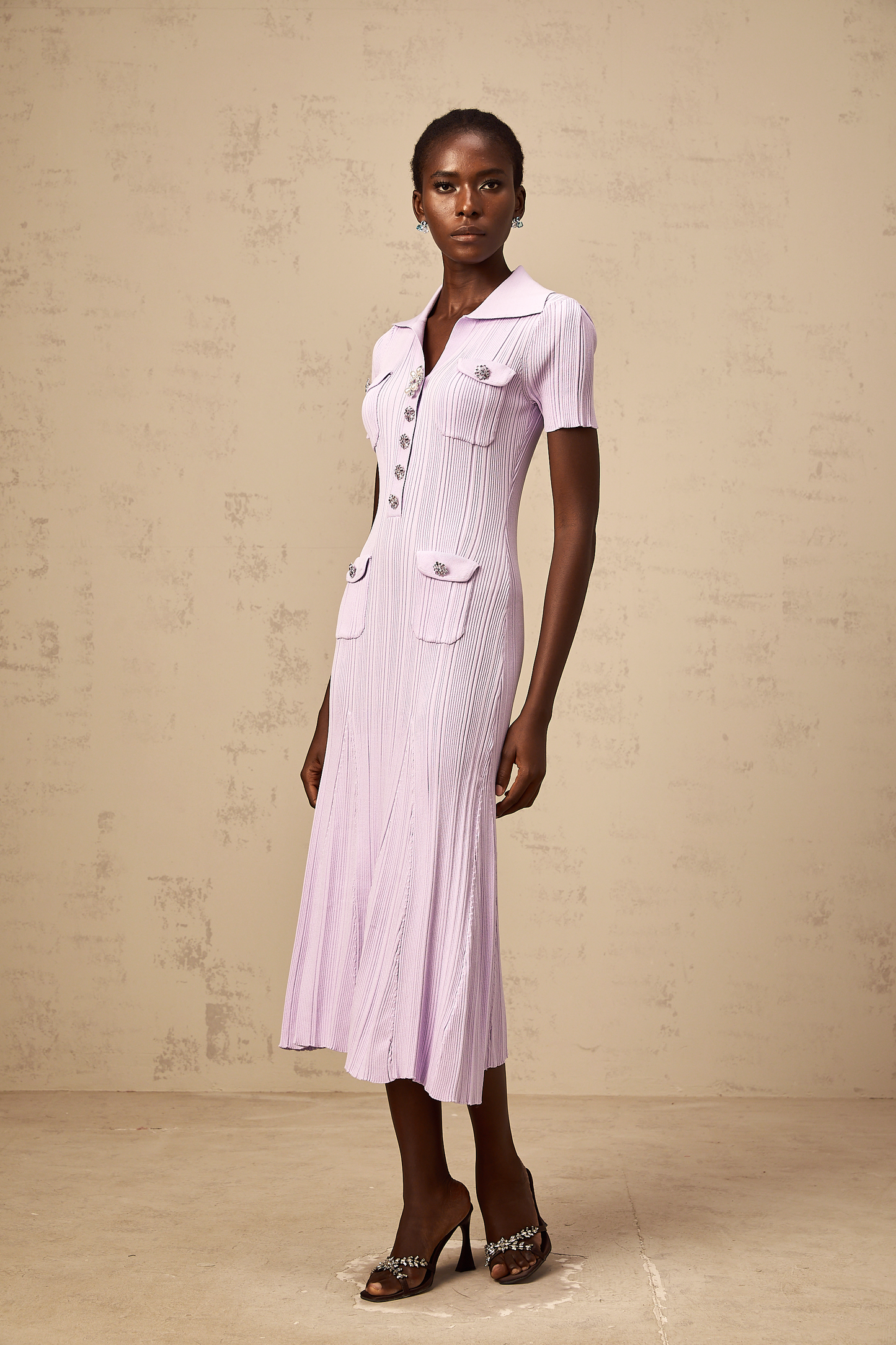 Céleste purple flared-hem rib-knit midi dress