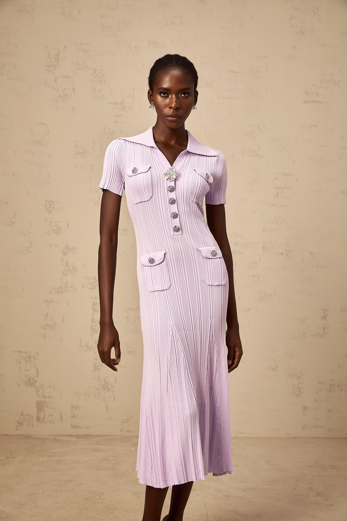 Céleste purple flared-hem rib-knit midi dress