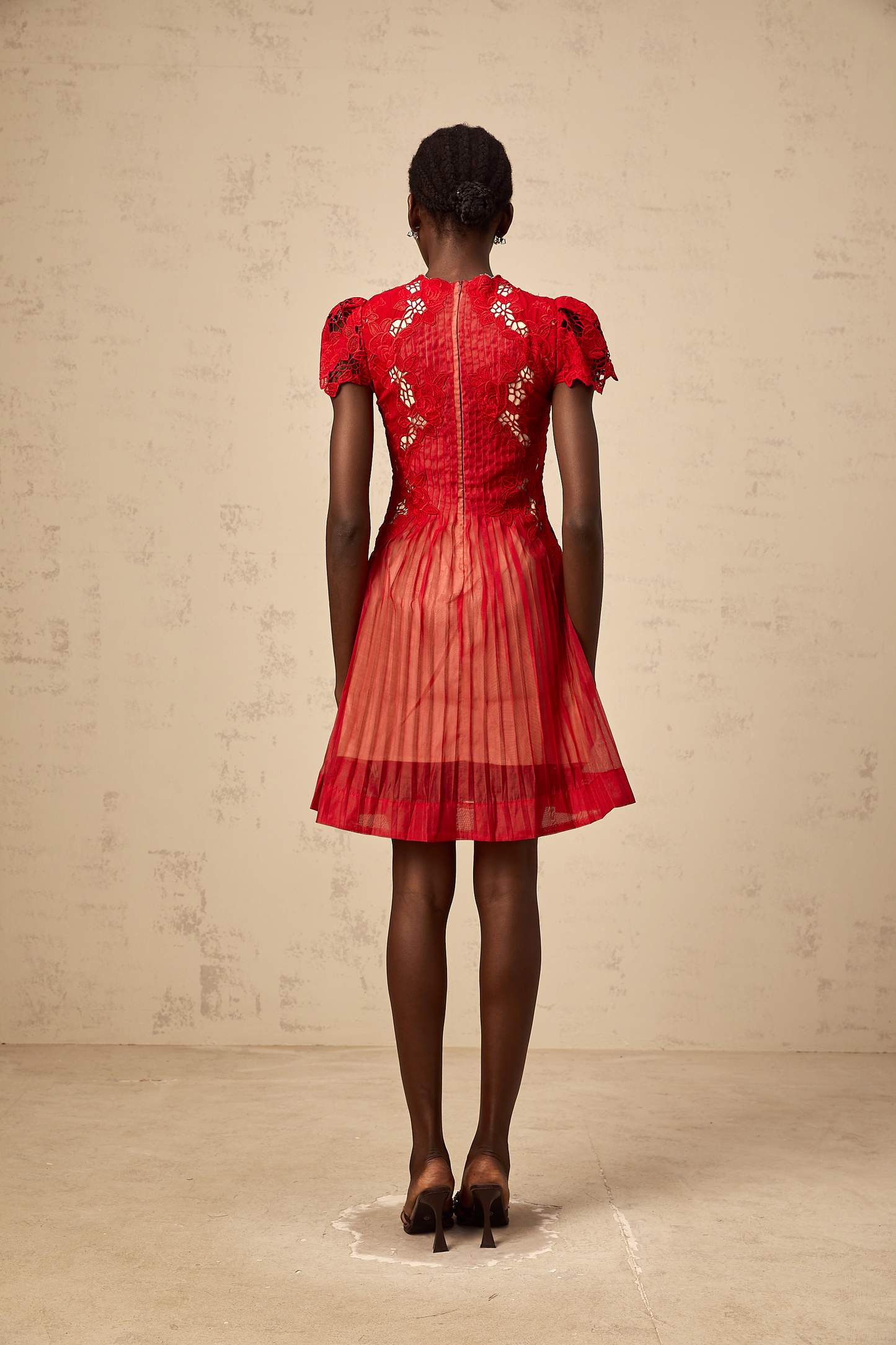 Corinne red flower-embroidered pleated mini dress