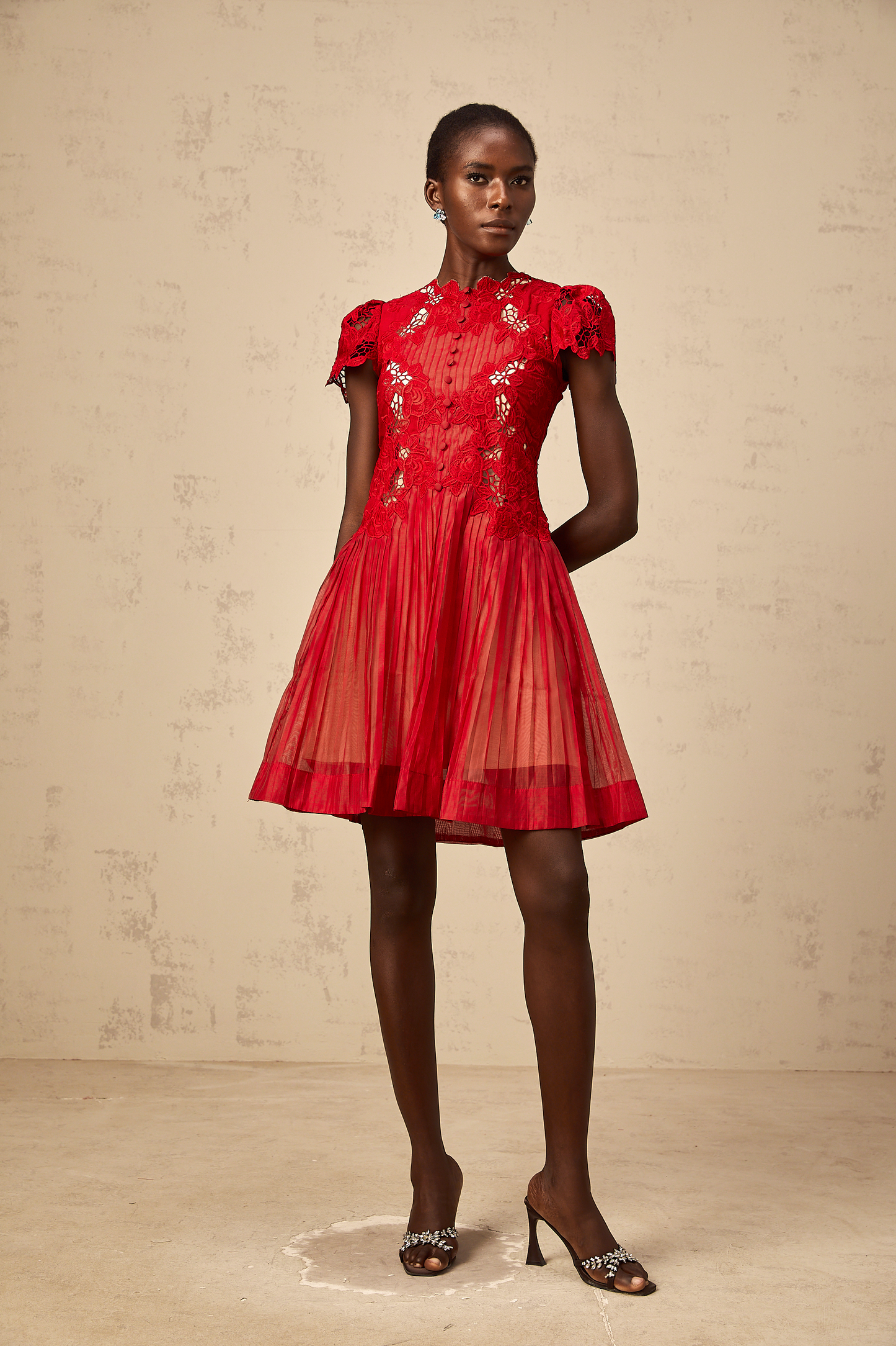 Corinne red flower-embroidered pleated mini dress