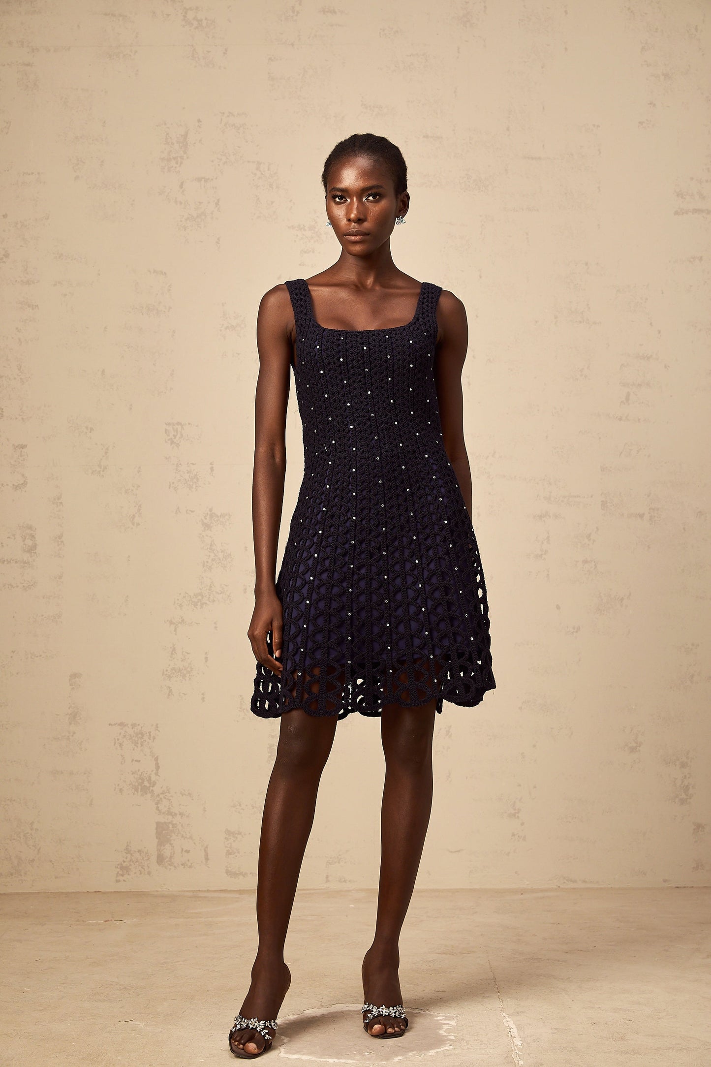 Edelie dark-blue embellished cut-out crochet-knit mini dress