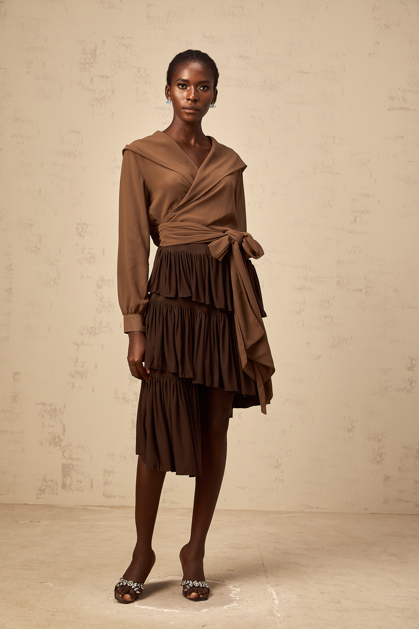 Amandine brown semi-sheer hooded wrap top