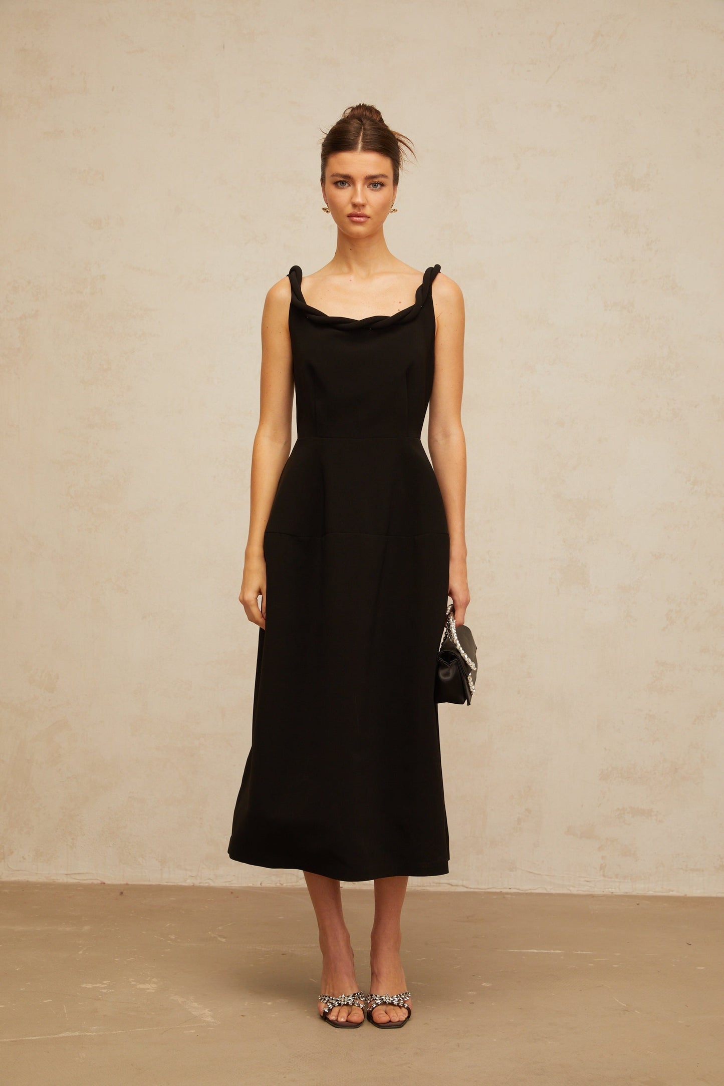 Hermine black braided puff midi dress