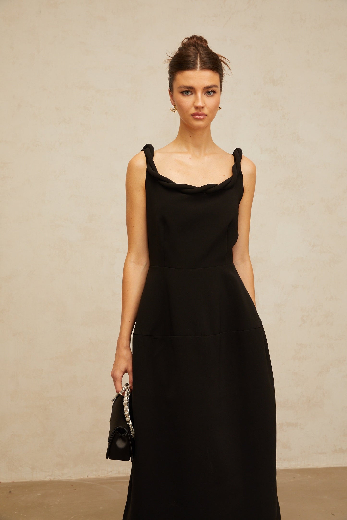 Hermine black braided puff midi dress