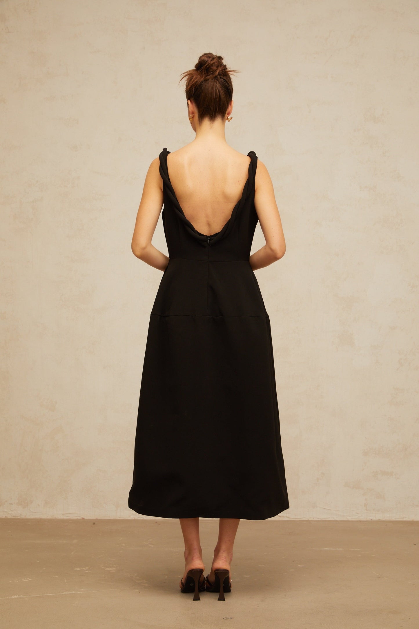 Hermine black braided puff midi dress