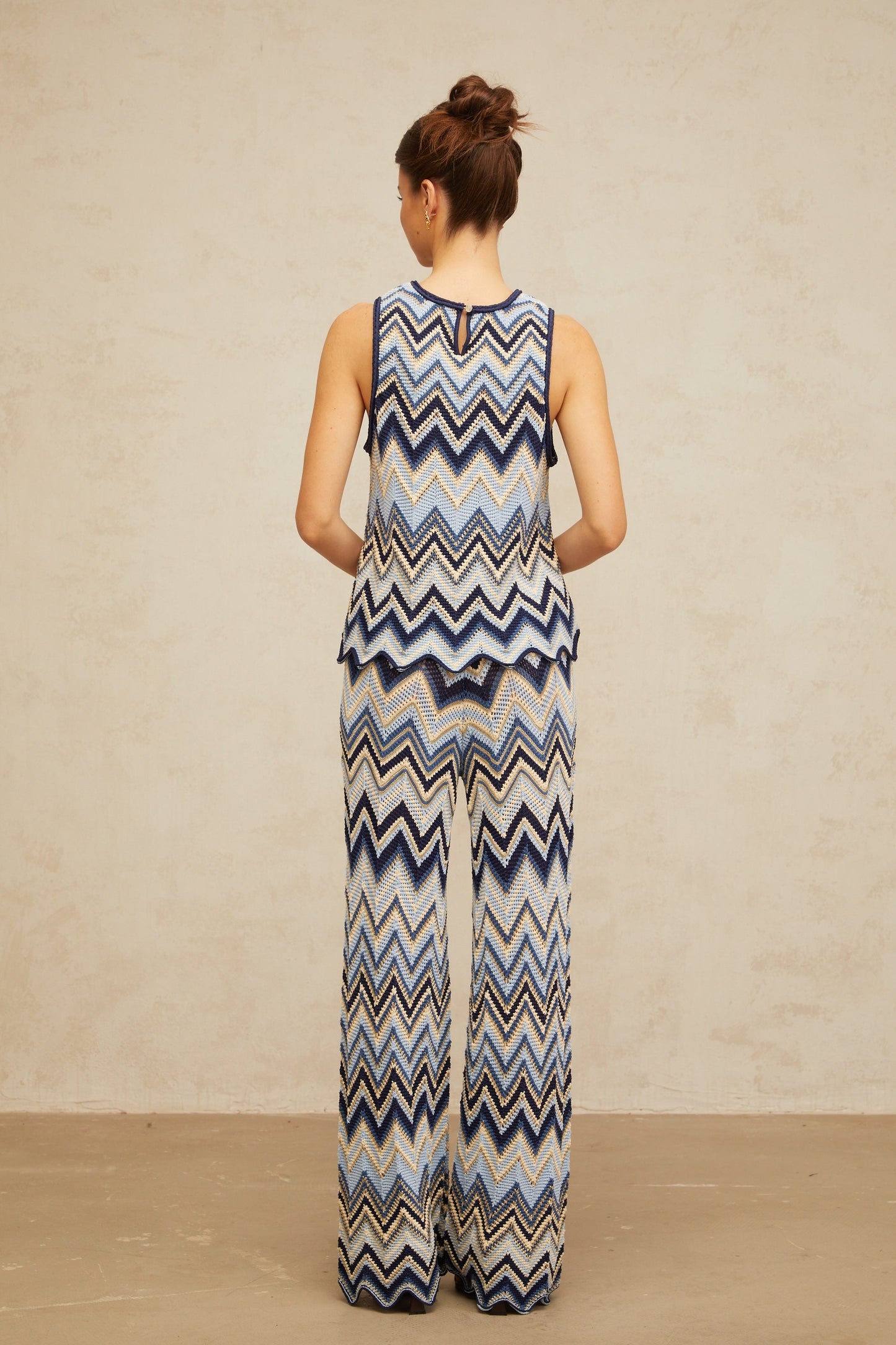 Irina blue zigzag-woven pointelle-knit top & trousers matching set
