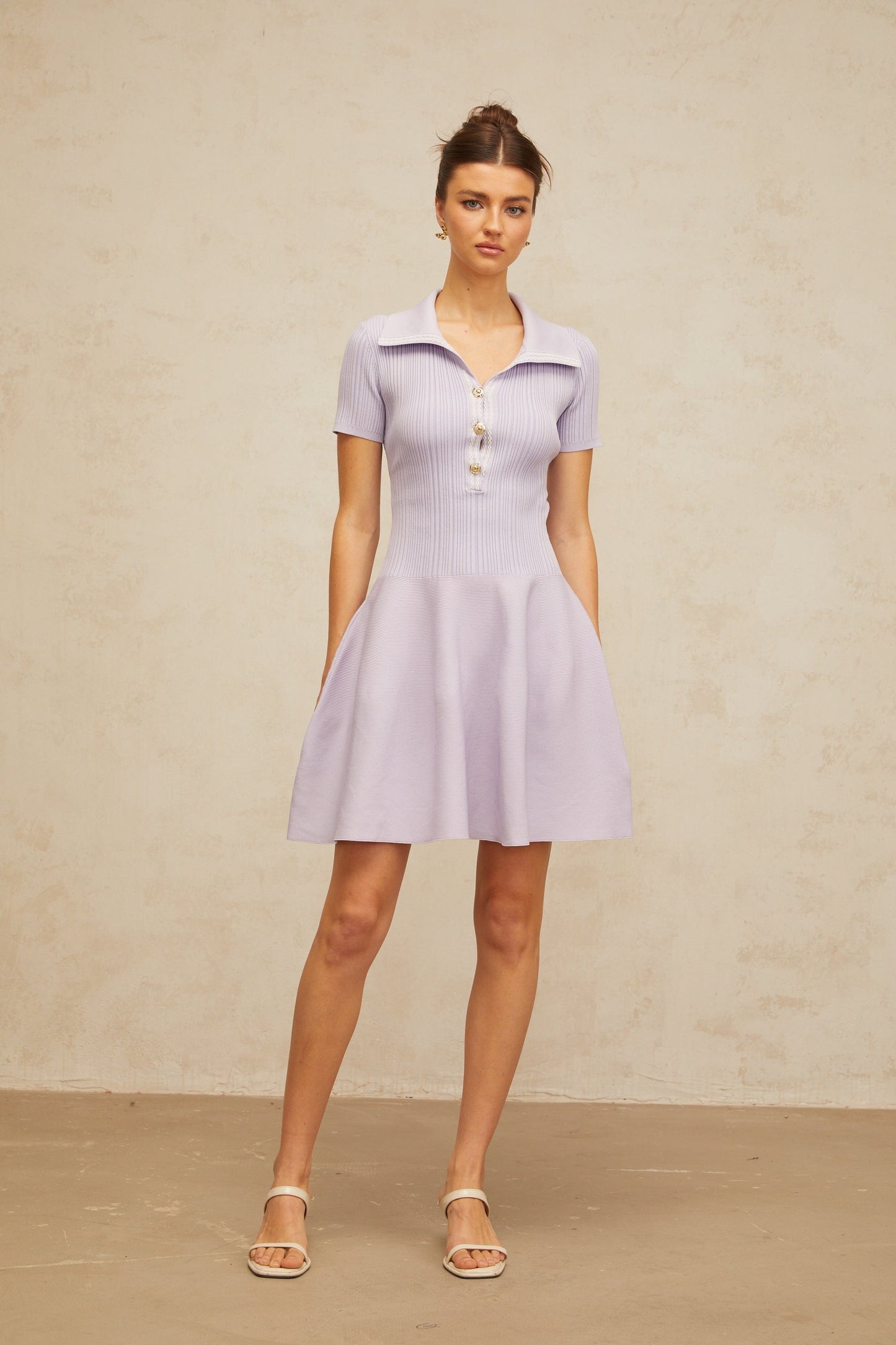 Vanessa lilac shirred flared knit mini dress