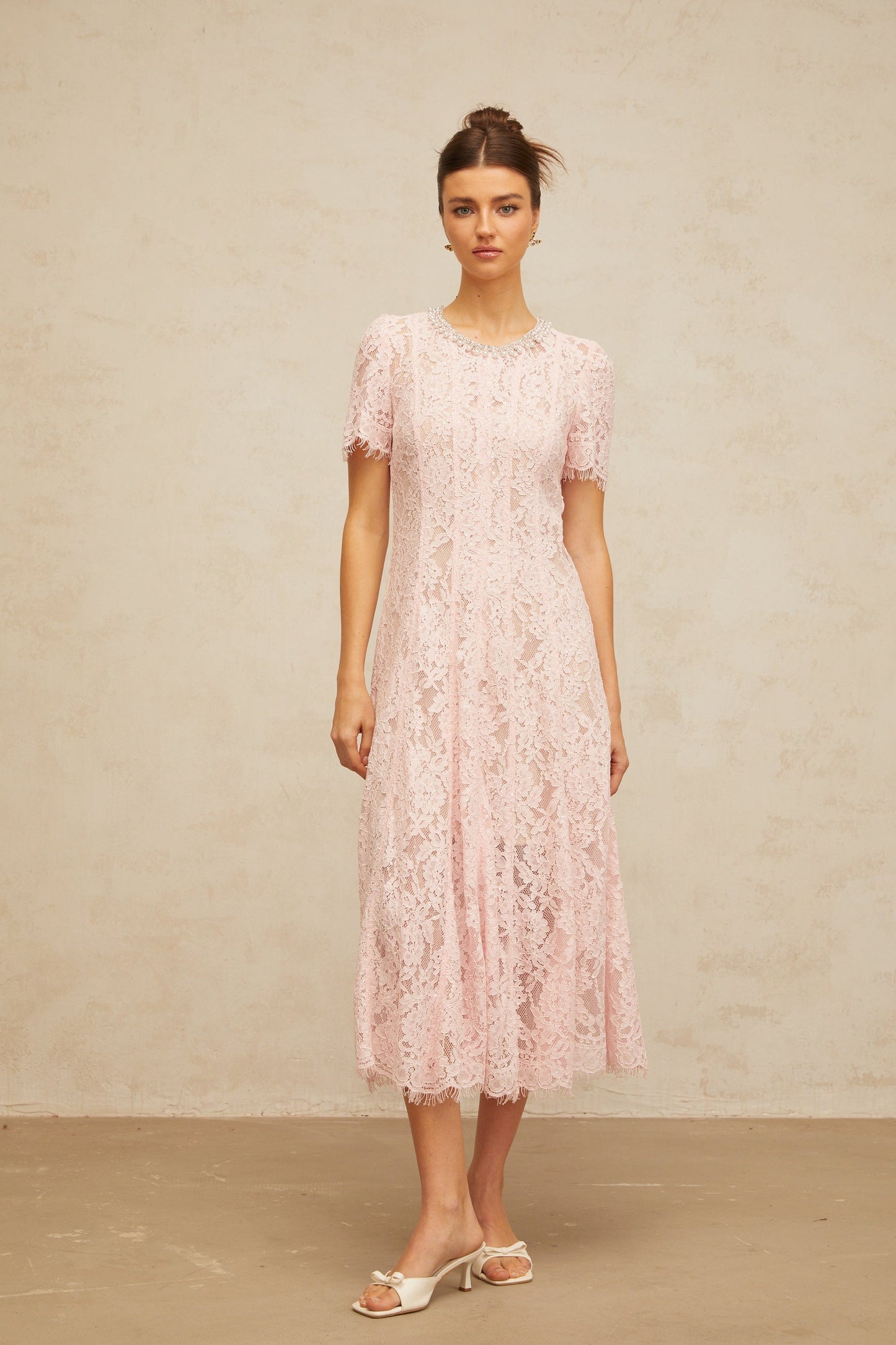 Dulcie pink embellished floral-lace midi dress