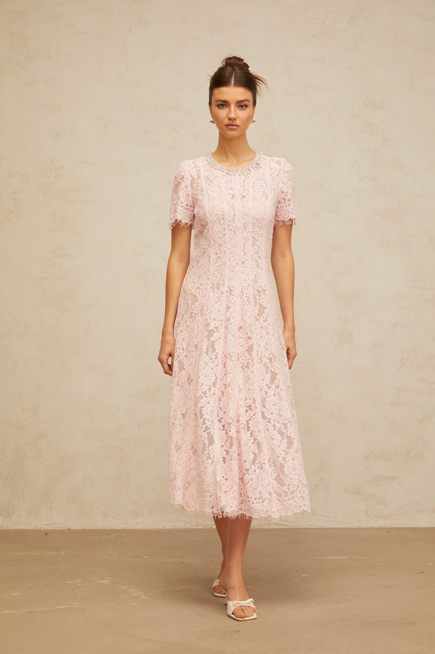 Dulcie pink embellished floral-lace midi dress