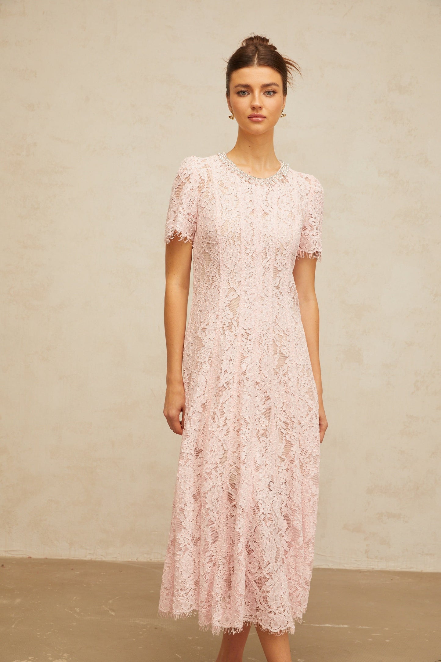 Dulcie pink embellished floral-lace midi dress