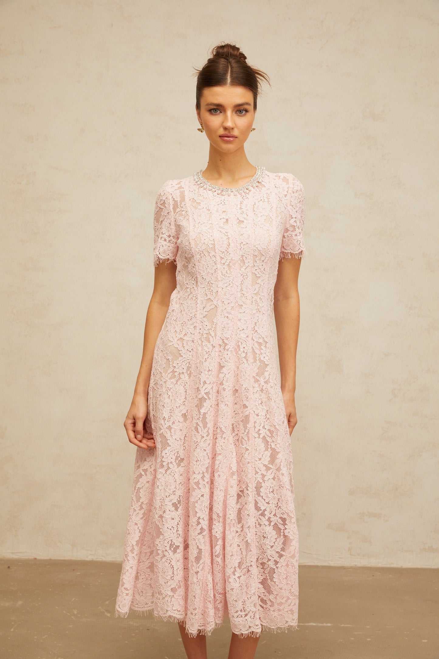 Dulcie pink embellished floral-lace midi dress