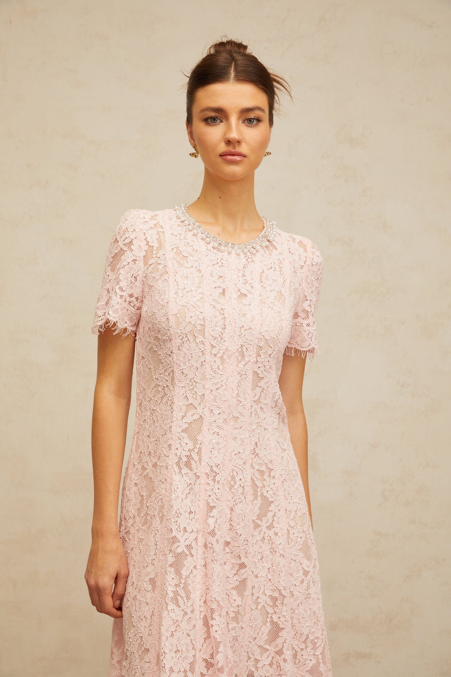 Dulcie pink embellished floral-lace midi dress