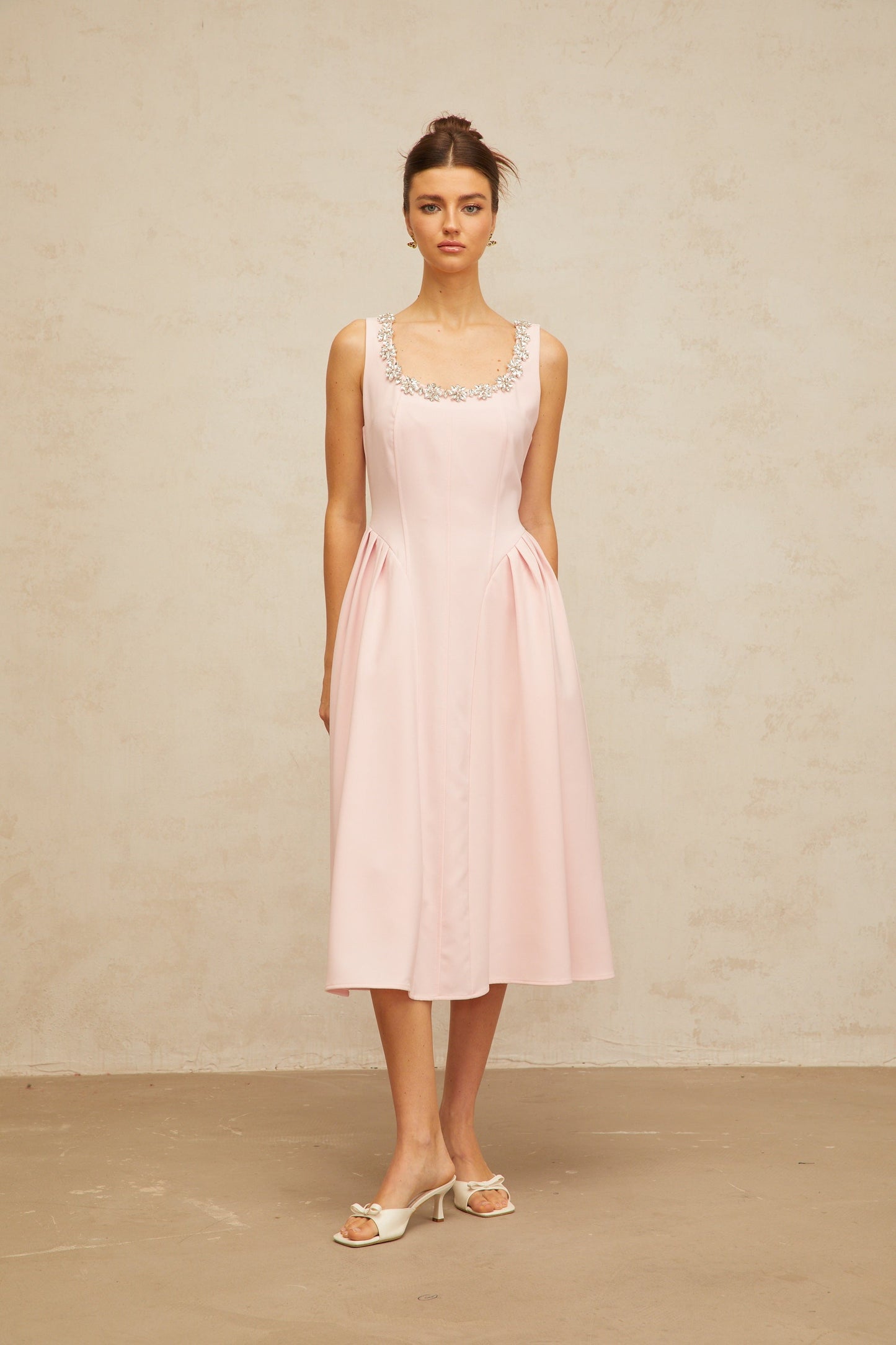 Béatrice pink crystal pleated midi dress