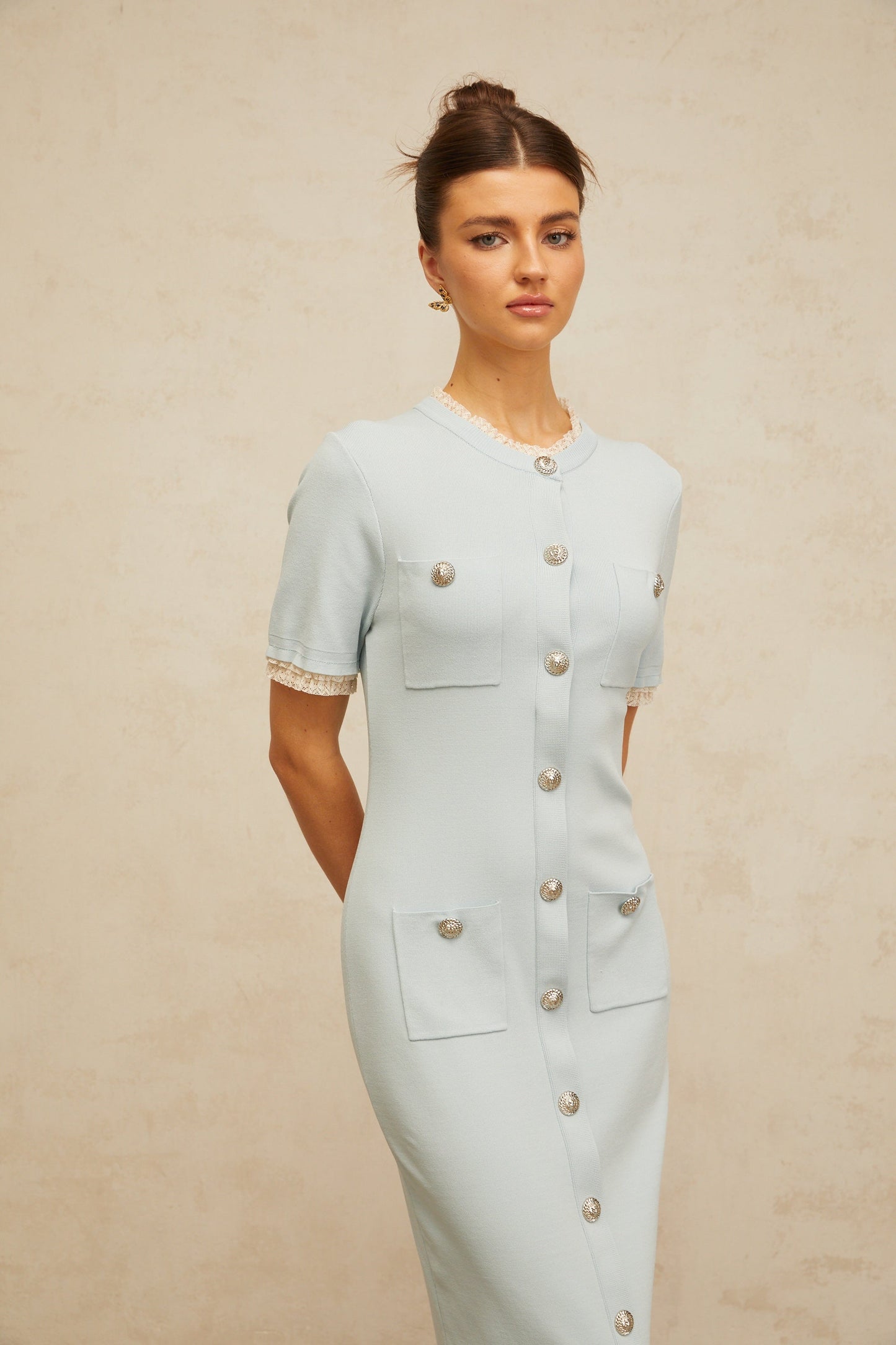 Mélisande light-blue pencil-silhouette knit midi dress