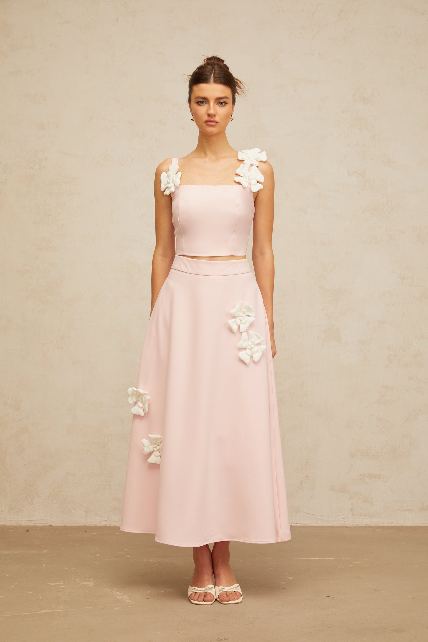 Uxue pink floral-appliqué top & skirt matching set