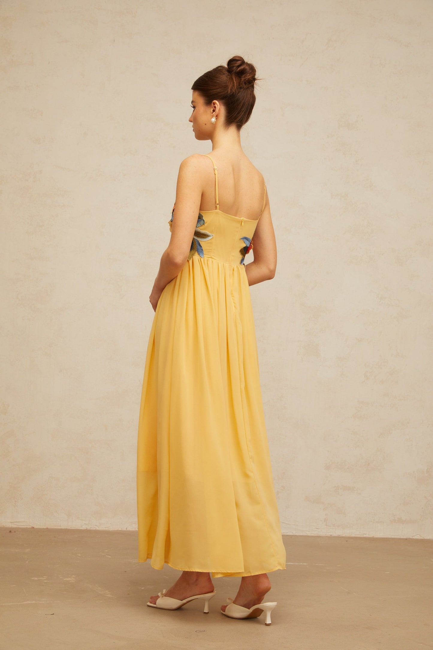 Josette floral-embroidered shirred maxi dress in Yellow