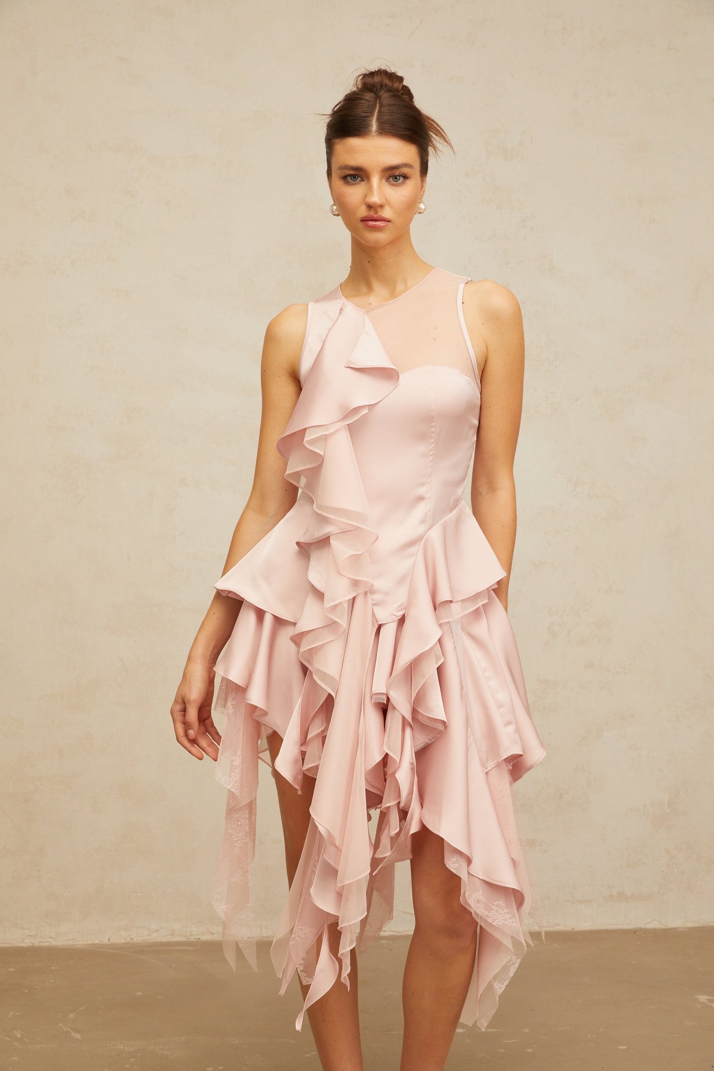 Calliopée pink asymmetrical ruffled panelled top & skirt matching set