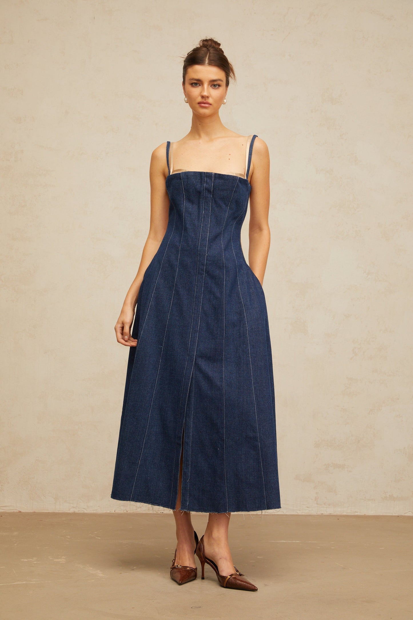 Uralie indigo-blue panelled denim midi dress