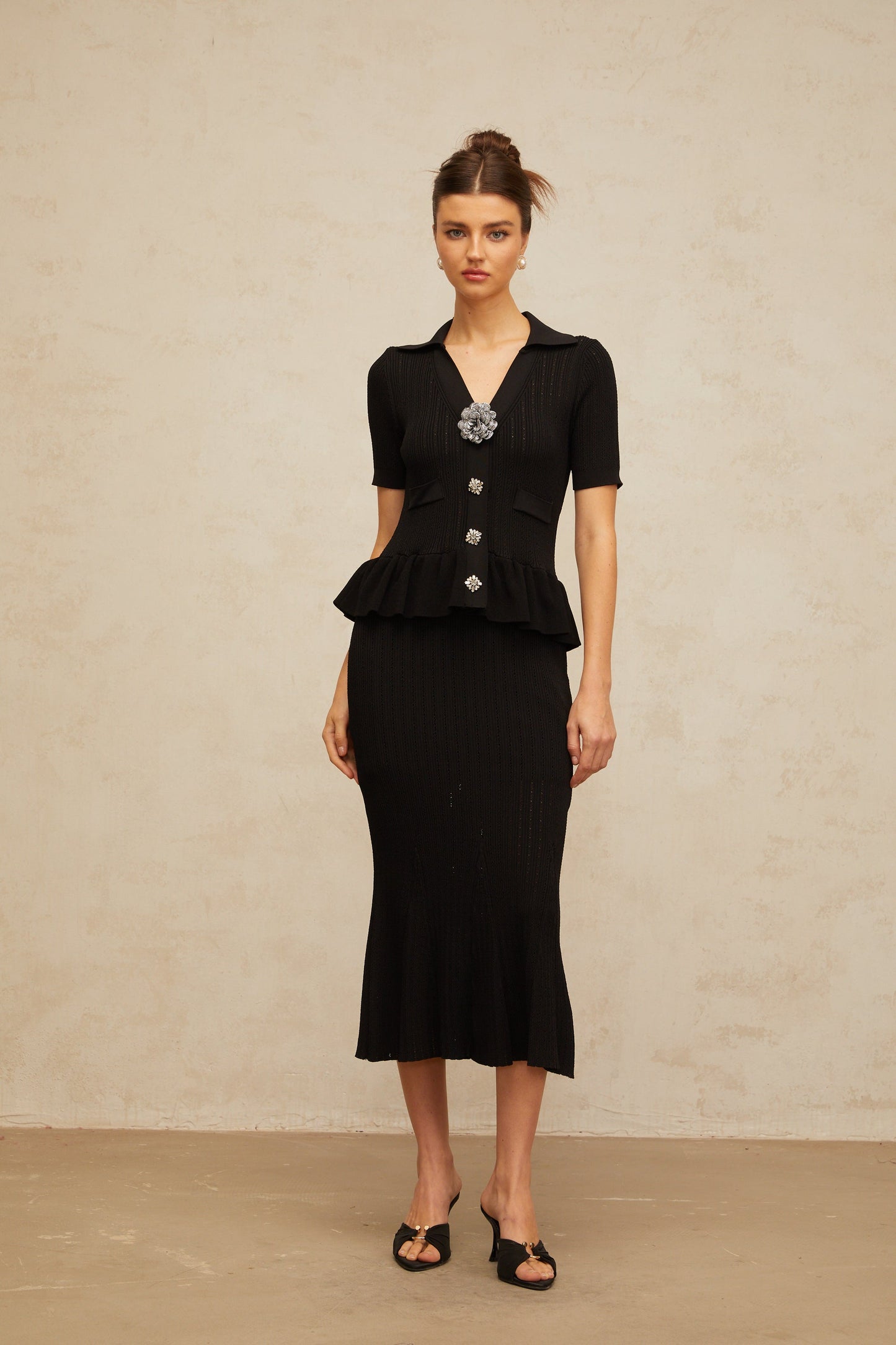 Félicie black embellished pointelle-knit midi dress