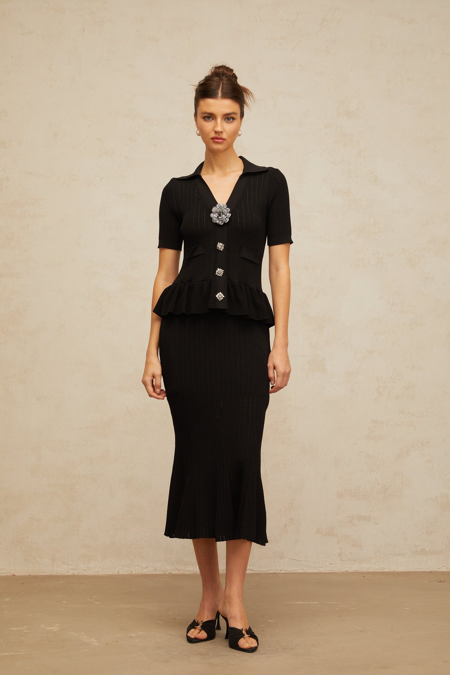 Félicie black embellished pointelle-knit midi dress