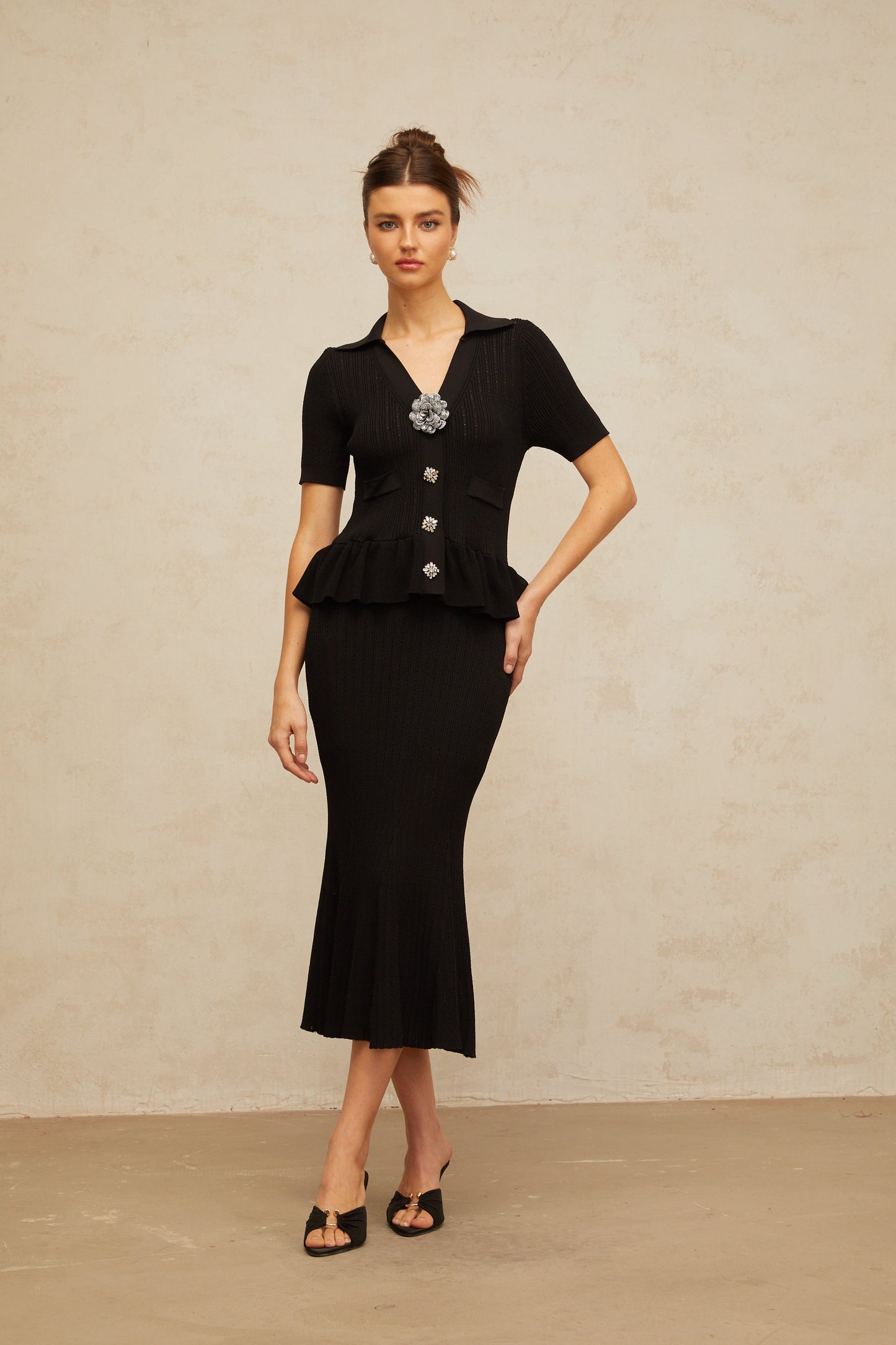 Félicie black embellished pointelle-knit midi dress