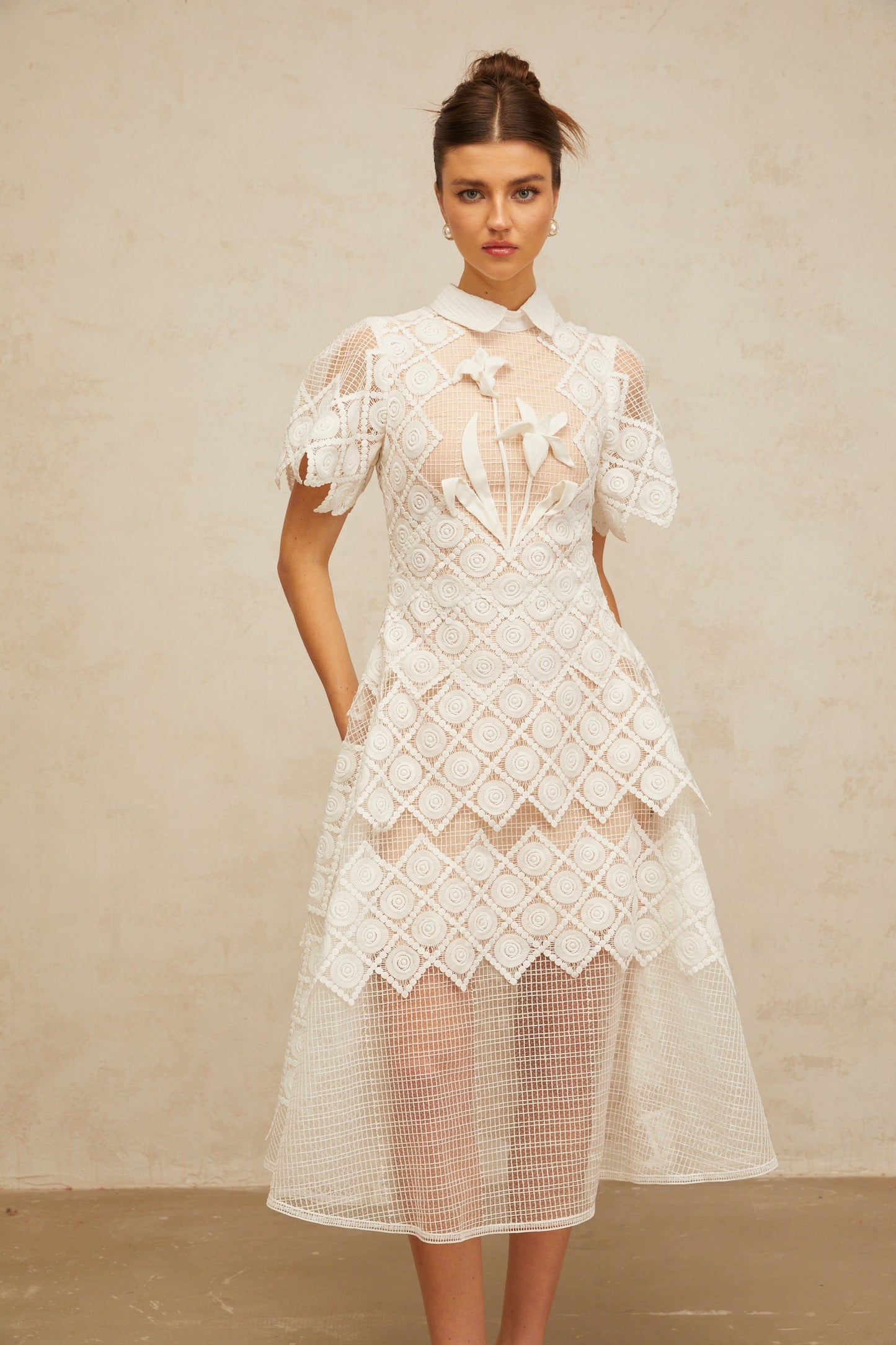Yasmine white floral-embroidered midi dress