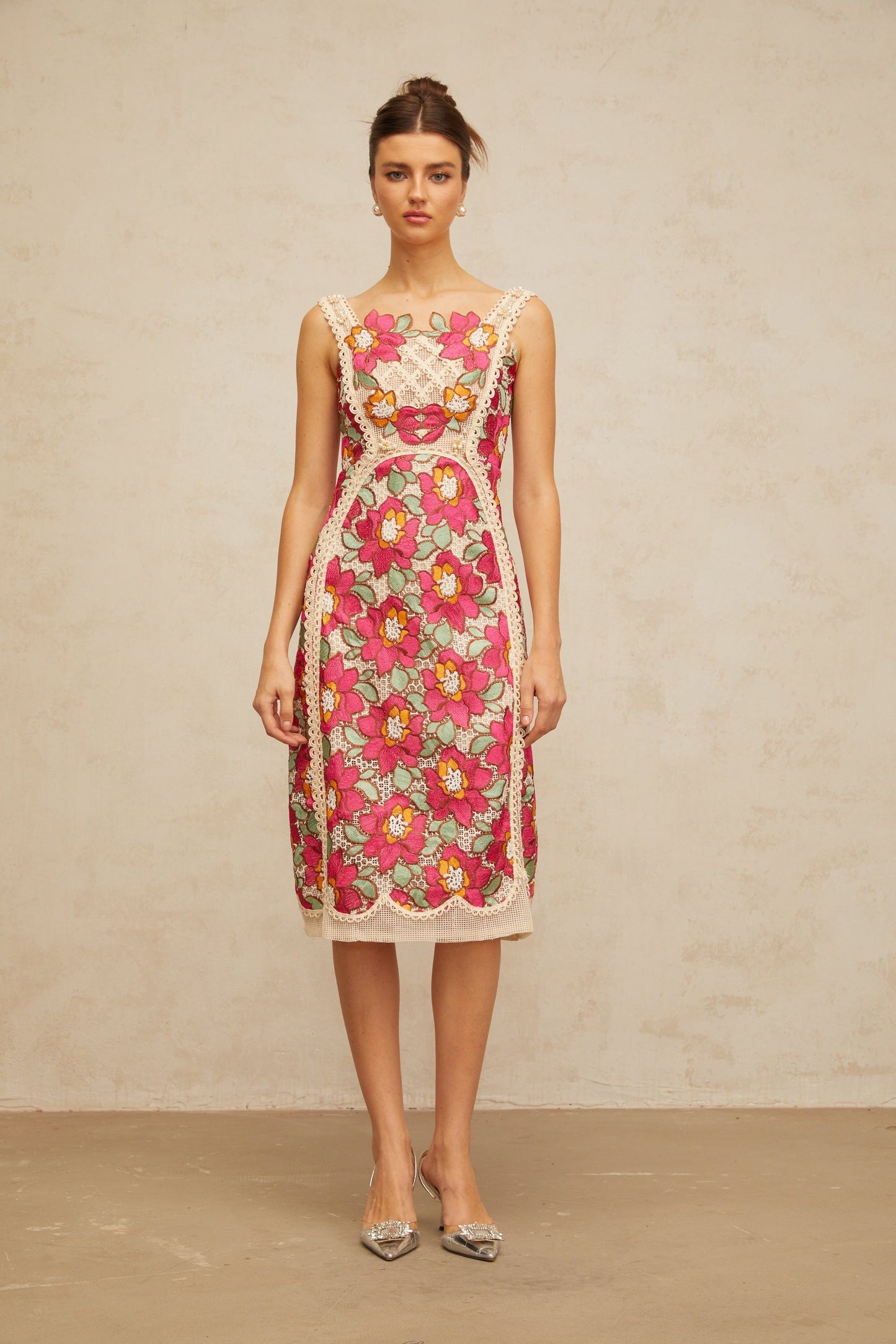Nalini rose-pink braided floral-embroidered midi dress