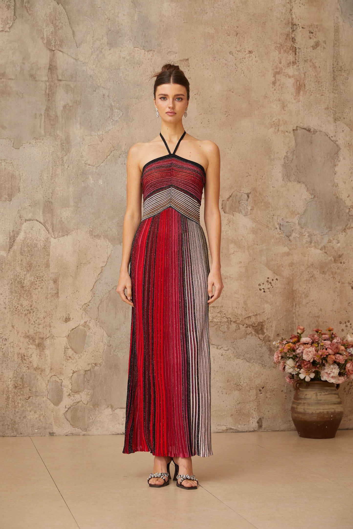 Ulysse Red Metallic Knit Halterneck Maxi Dress