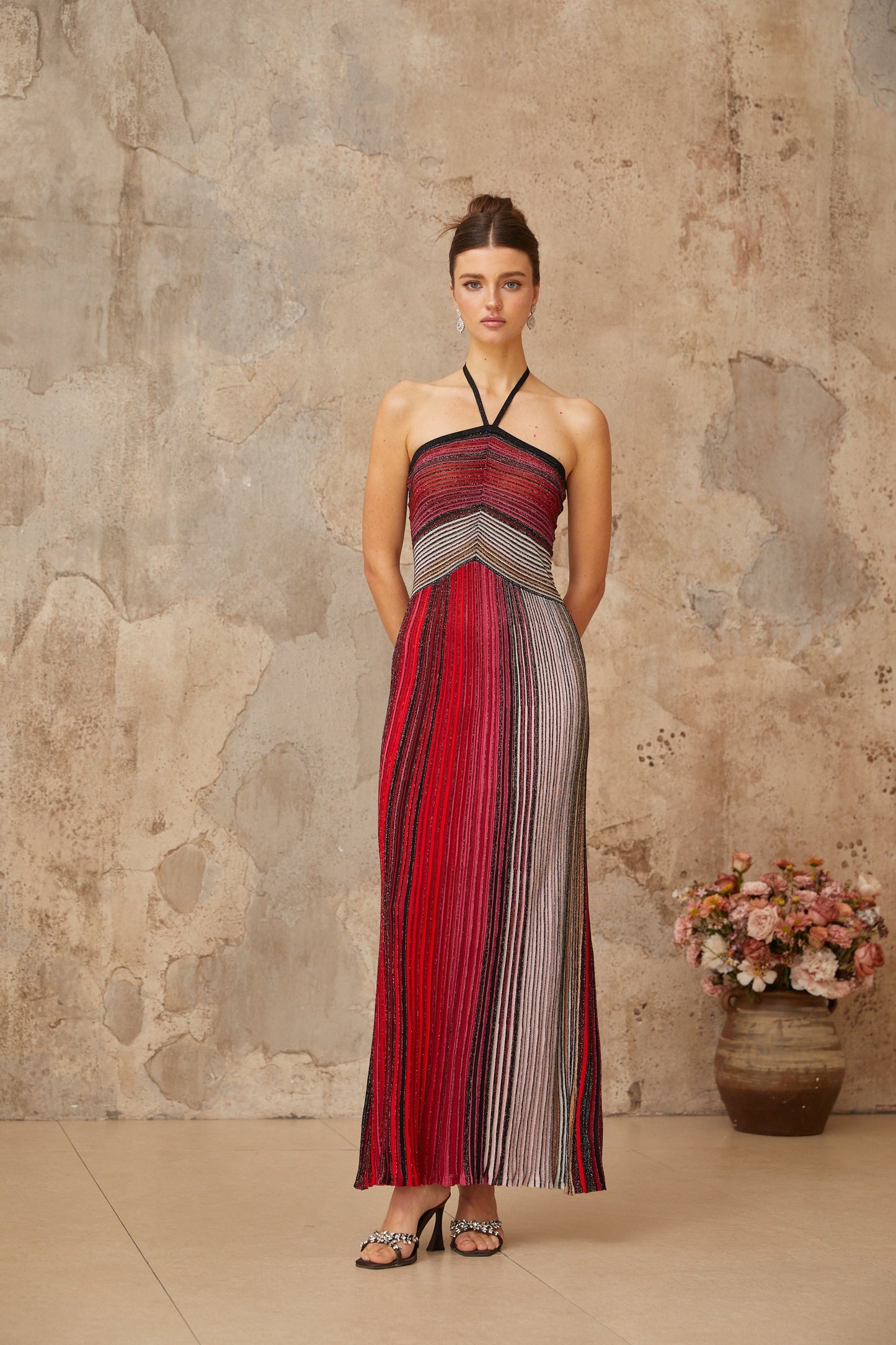 Ulysse Red Metallic Knit Halterneck Maxi Dress
