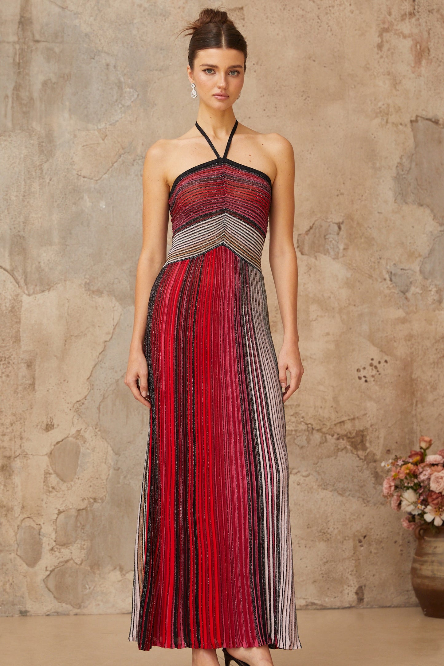 Ulysse Red Metallic Knit Halterneck Maxi Dress