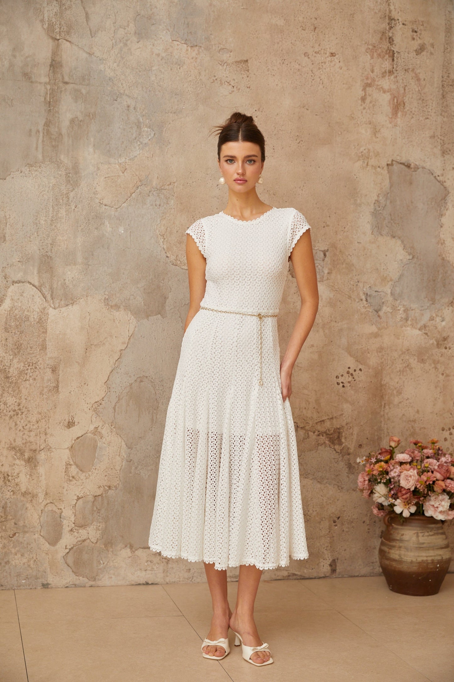 Giada White Shirred Crochet Knit Midi Dress