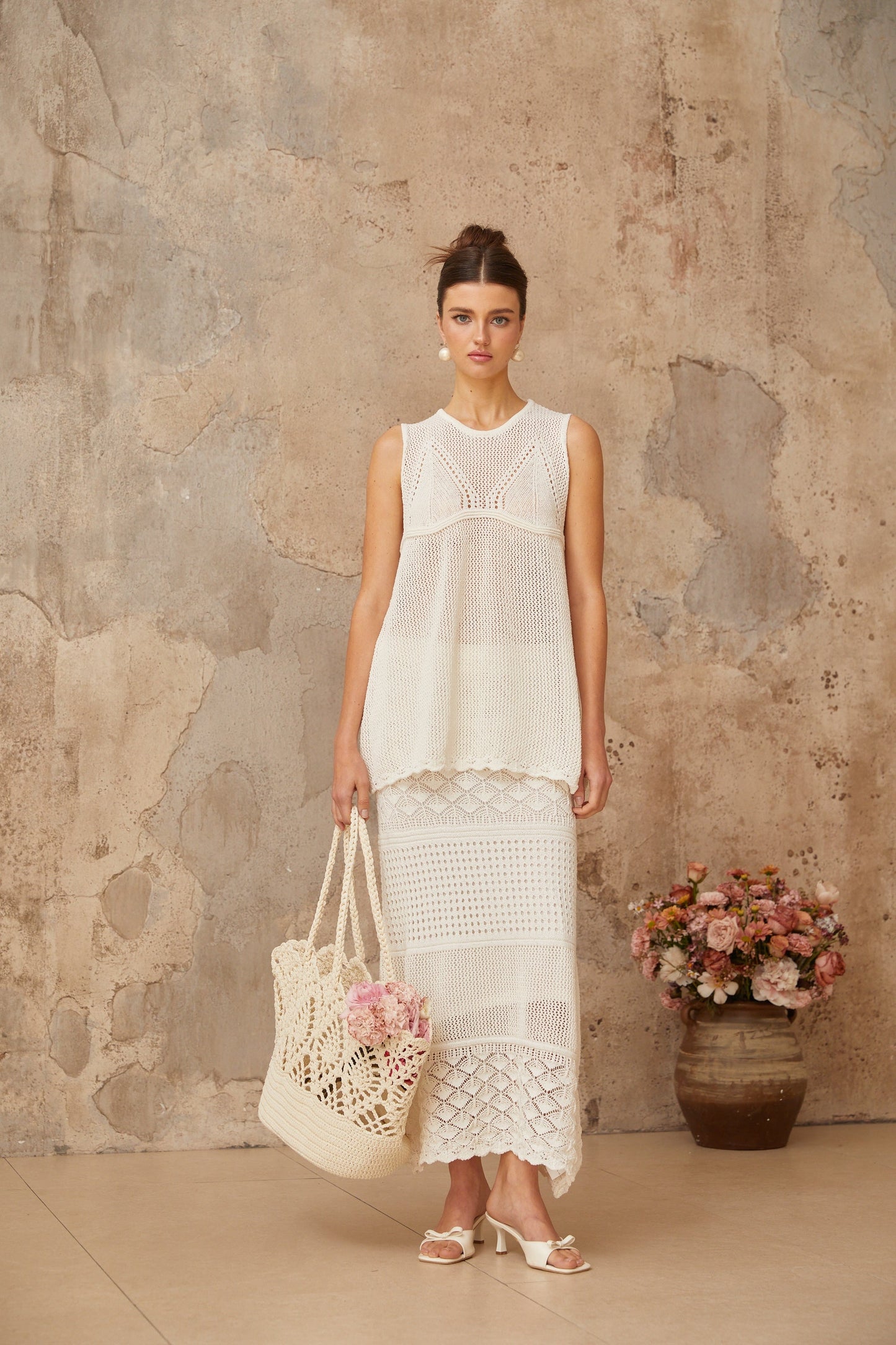 Irène White Cutout Crochet Knit Two-Piece Top and Skirt