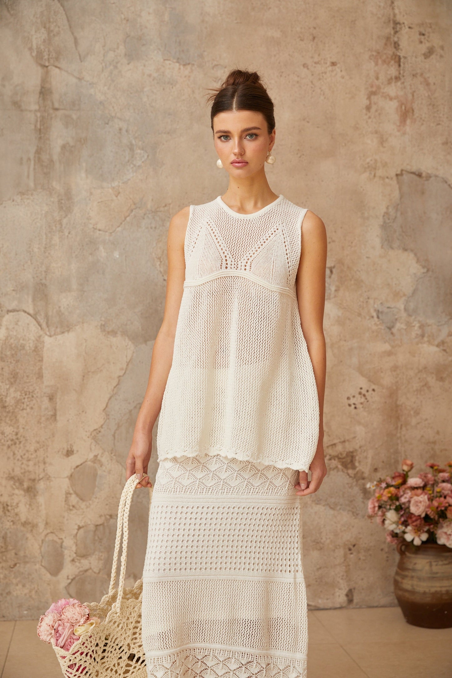 Irène White Cutout Crochet Knit Two-Piece Top and Skirt
